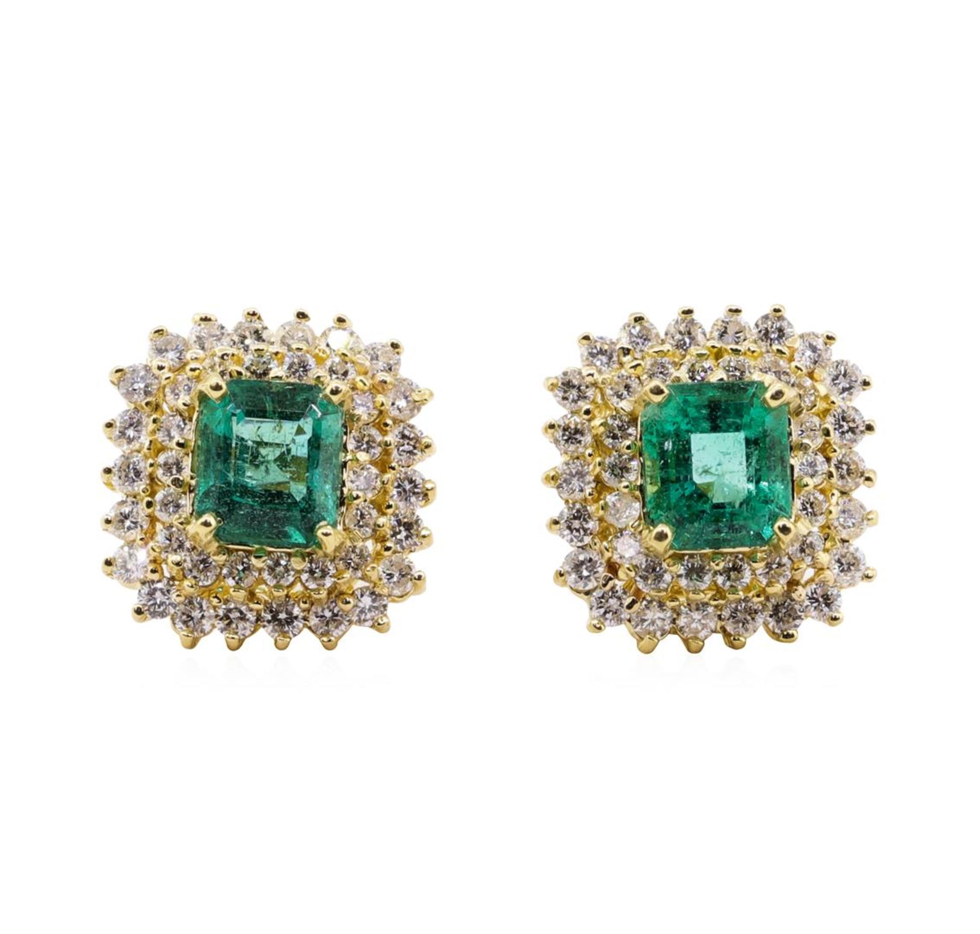 3.71 ctw Emerald and Diamond Earrings - 18KT Yellow Gold