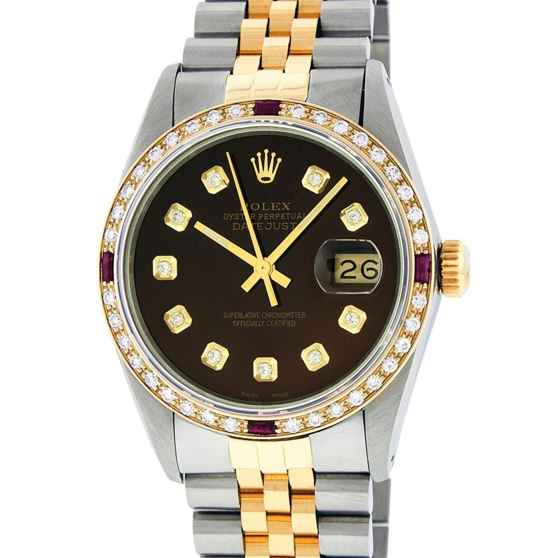 Rolex Mens 2 Tone Brown Diamond & Ruby 36MM Datejust Wristwatch - Image 2 of 9