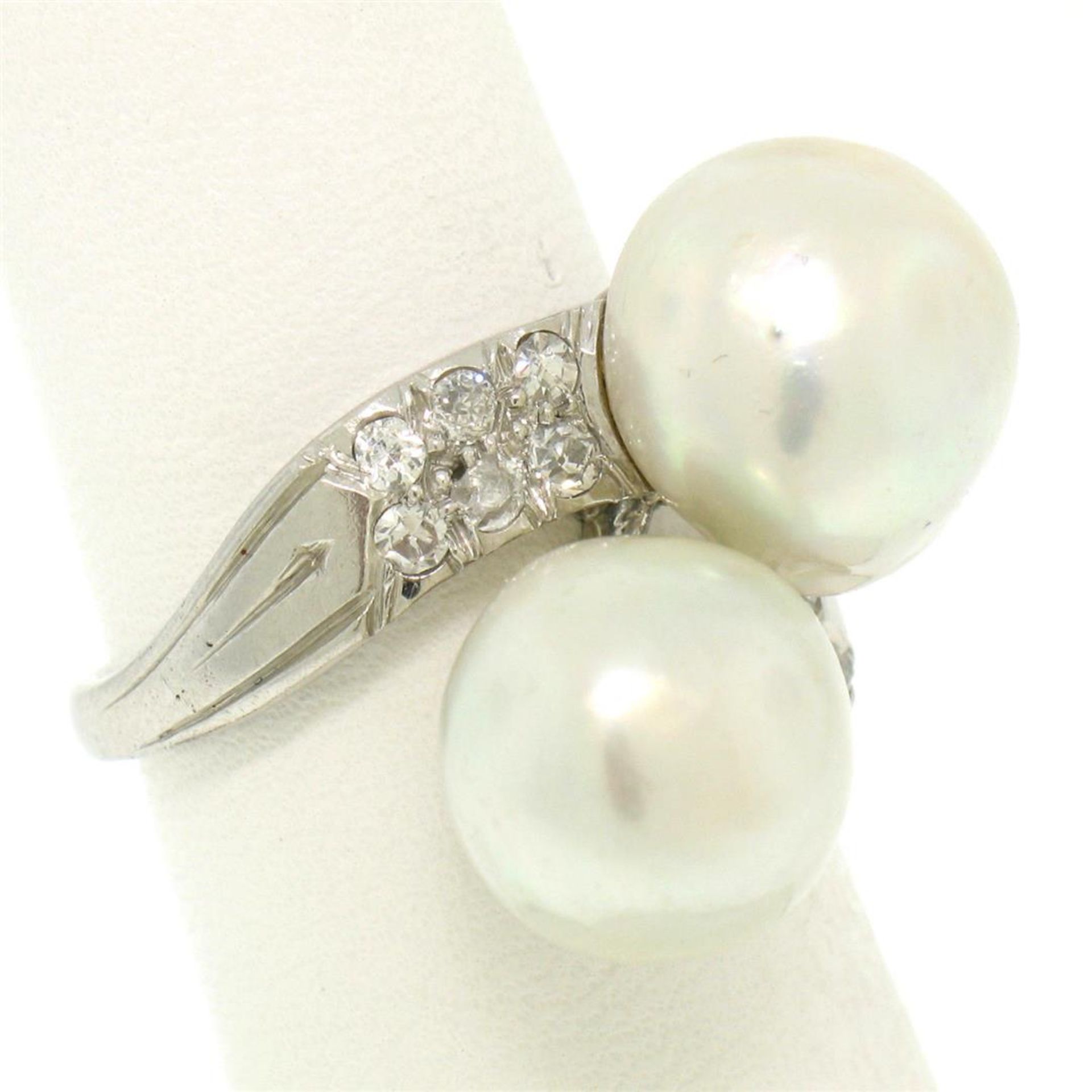 GIA Certified Solid Platinum Pearl & Diamond Bypass Cocktail Ring - Image 7 of 9