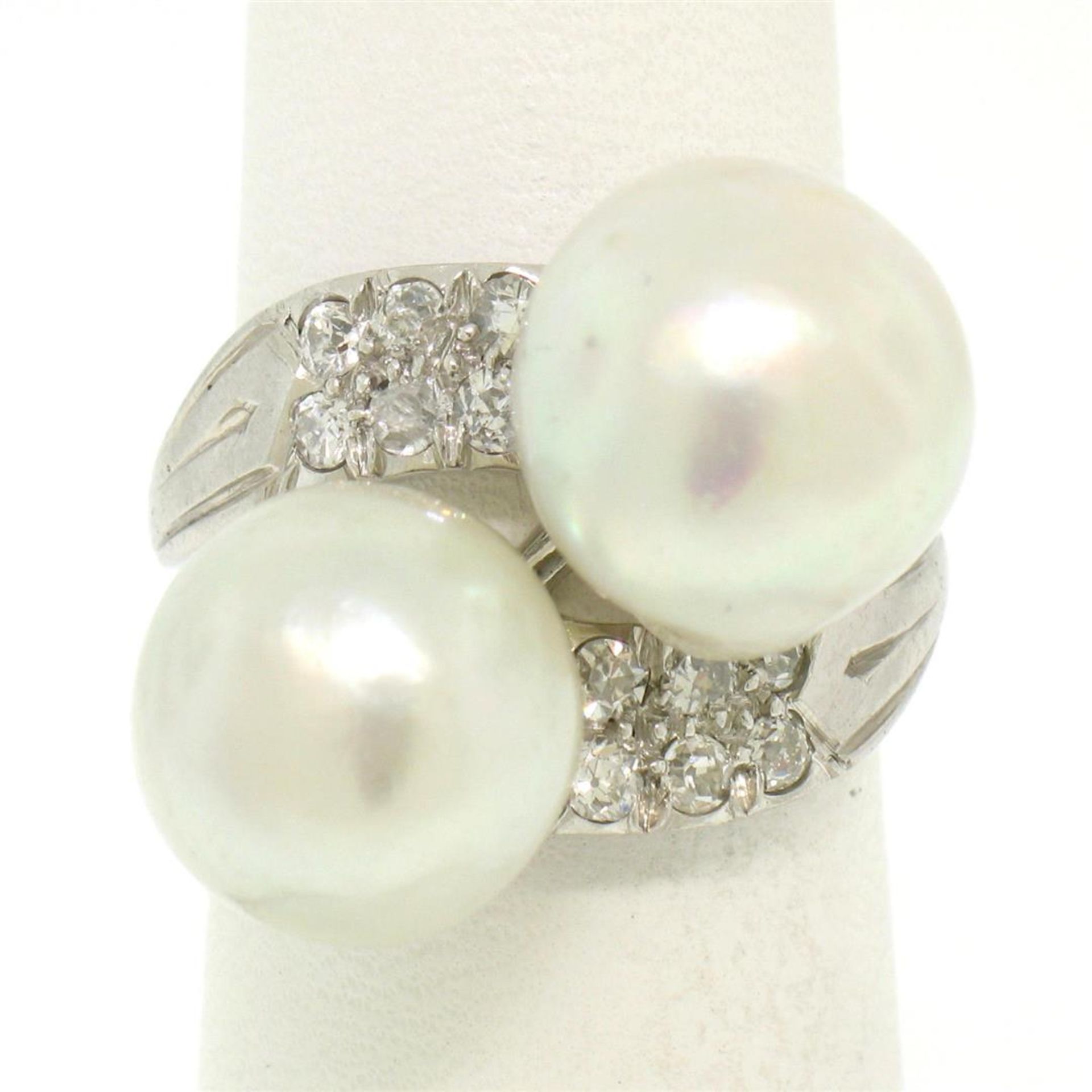 GIA Certified Solid Platinum Pearl & Diamond Bypass Cocktail Ring - Image 5 of 9