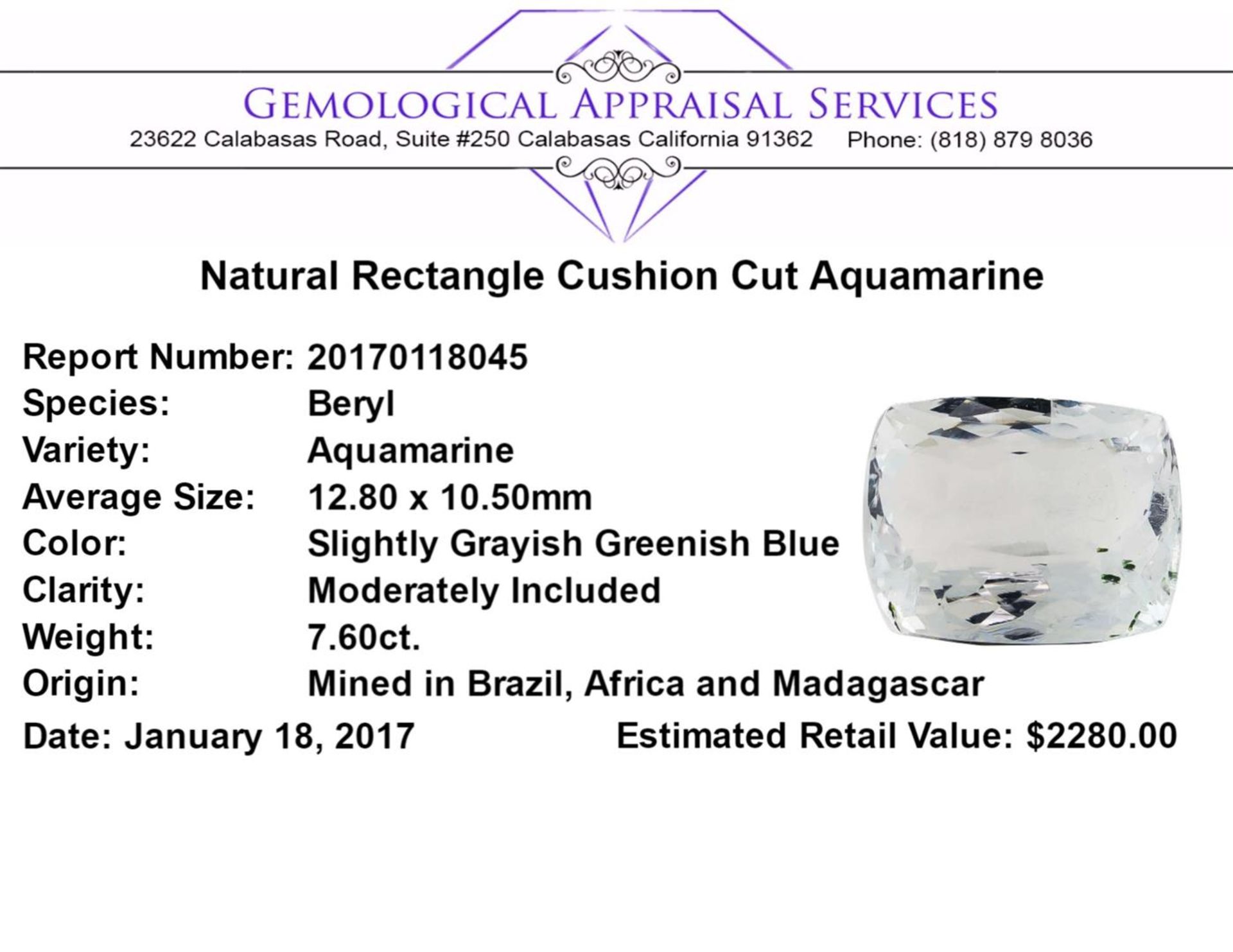 7.60 ct.Natural Rectangle Cushion Cut Aquamarine - Image 2 of 2