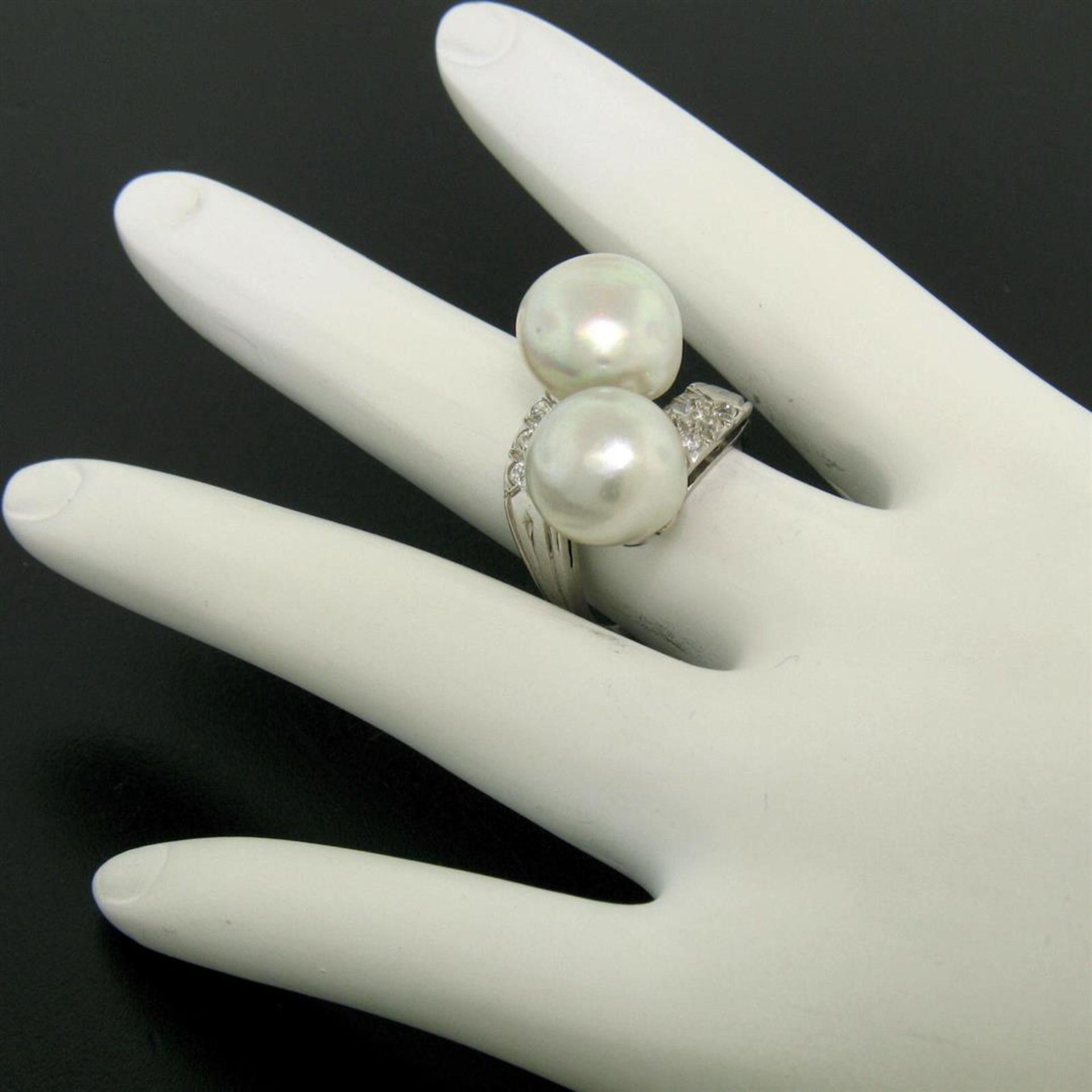GIA Certified Solid Platinum Pearl & Diamond Bypass Cocktail Ring - Image 3 of 9