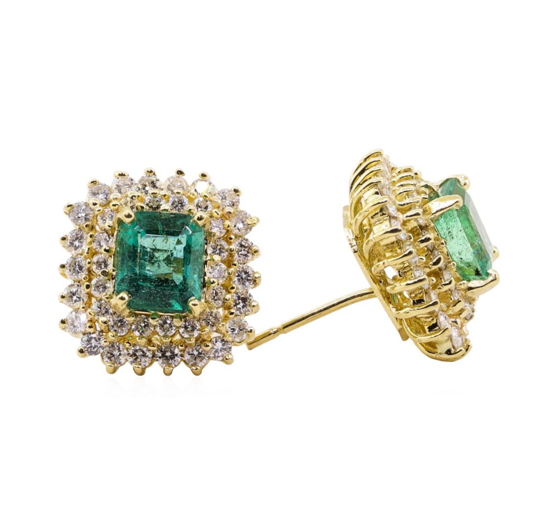 3.71 ctw Emerald and Diamond Earrings - 18KT Yellow Gold - Image 2 of 3