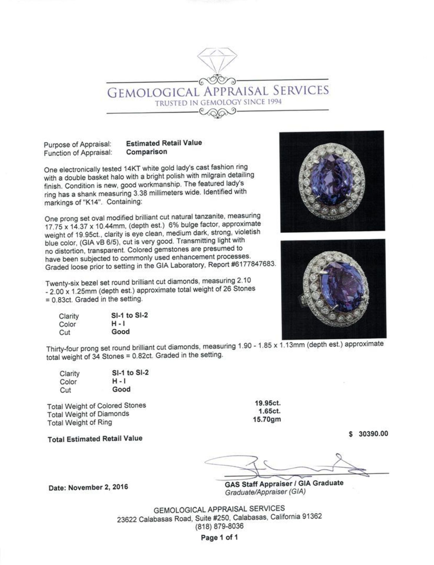 GIA Cert 19.95 ctw Tanzanite and Diamond Ring - 14KT White Gold - Image 5 of 6