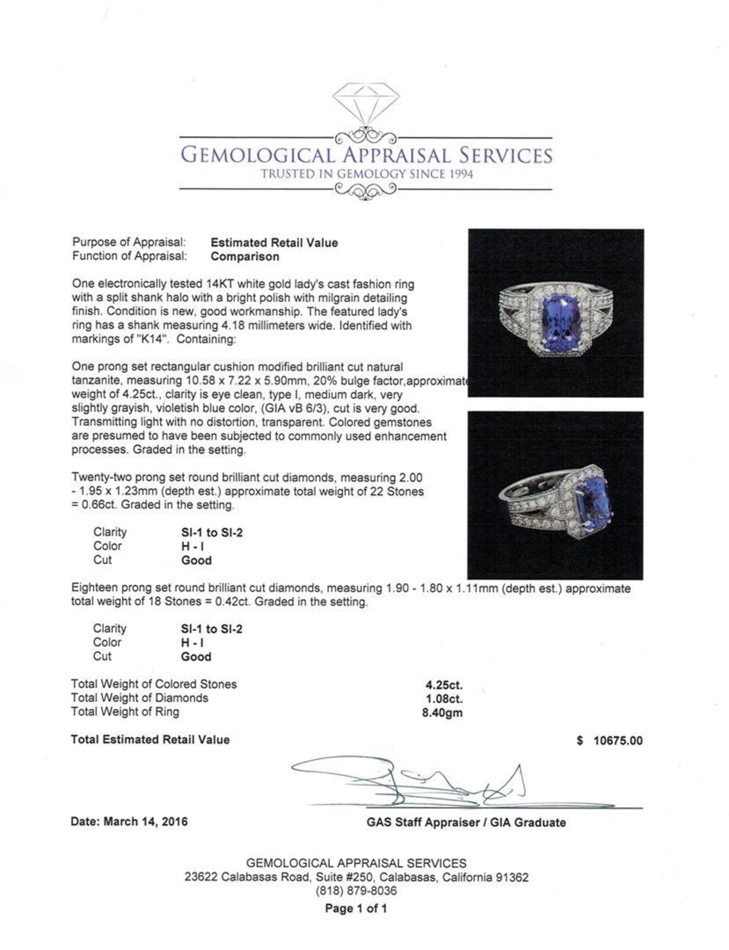 4.25 ctw Tanzanite and Diamond Ring - 14KT White Gold - Image 5 of 5