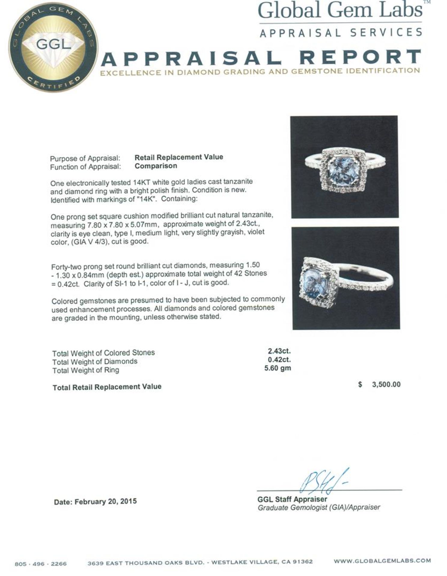 14KT White Gold 2.43 ctw Tanzanite and Diamond Ring - Image 5 of 5