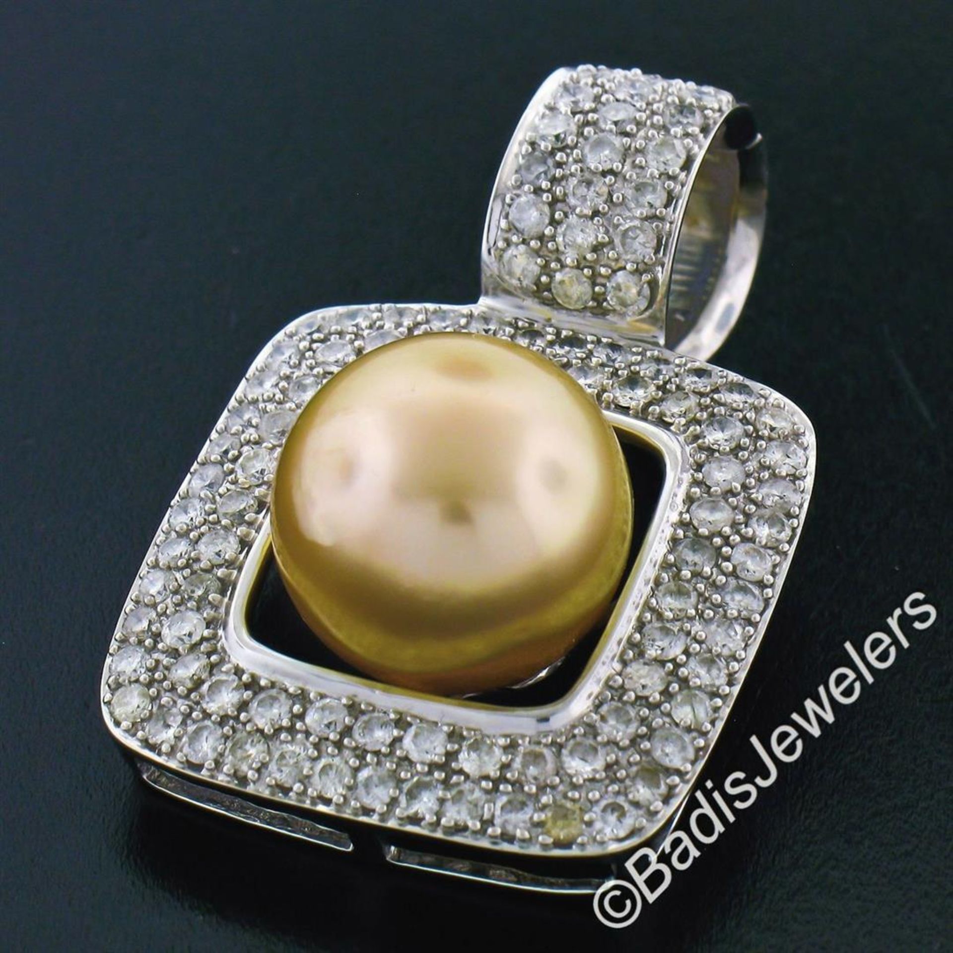 14k White Gold Golden Pearl and 3.00 ctw Diamond Square Enhancer Slide Pendant - Image 5 of 9