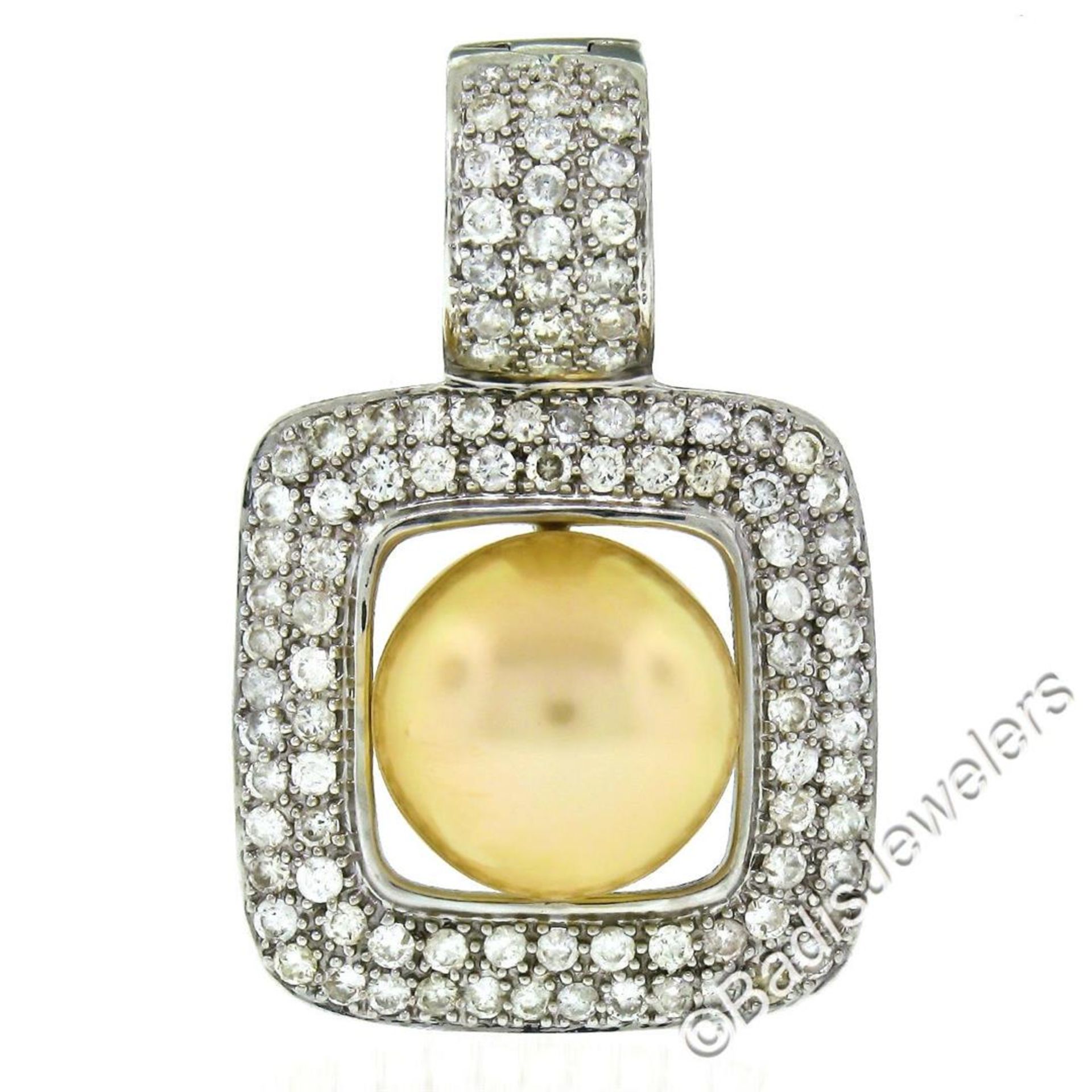 14k White Gold Golden Pearl and 3.00 ctw Diamond Square Enhancer Slide Pendant