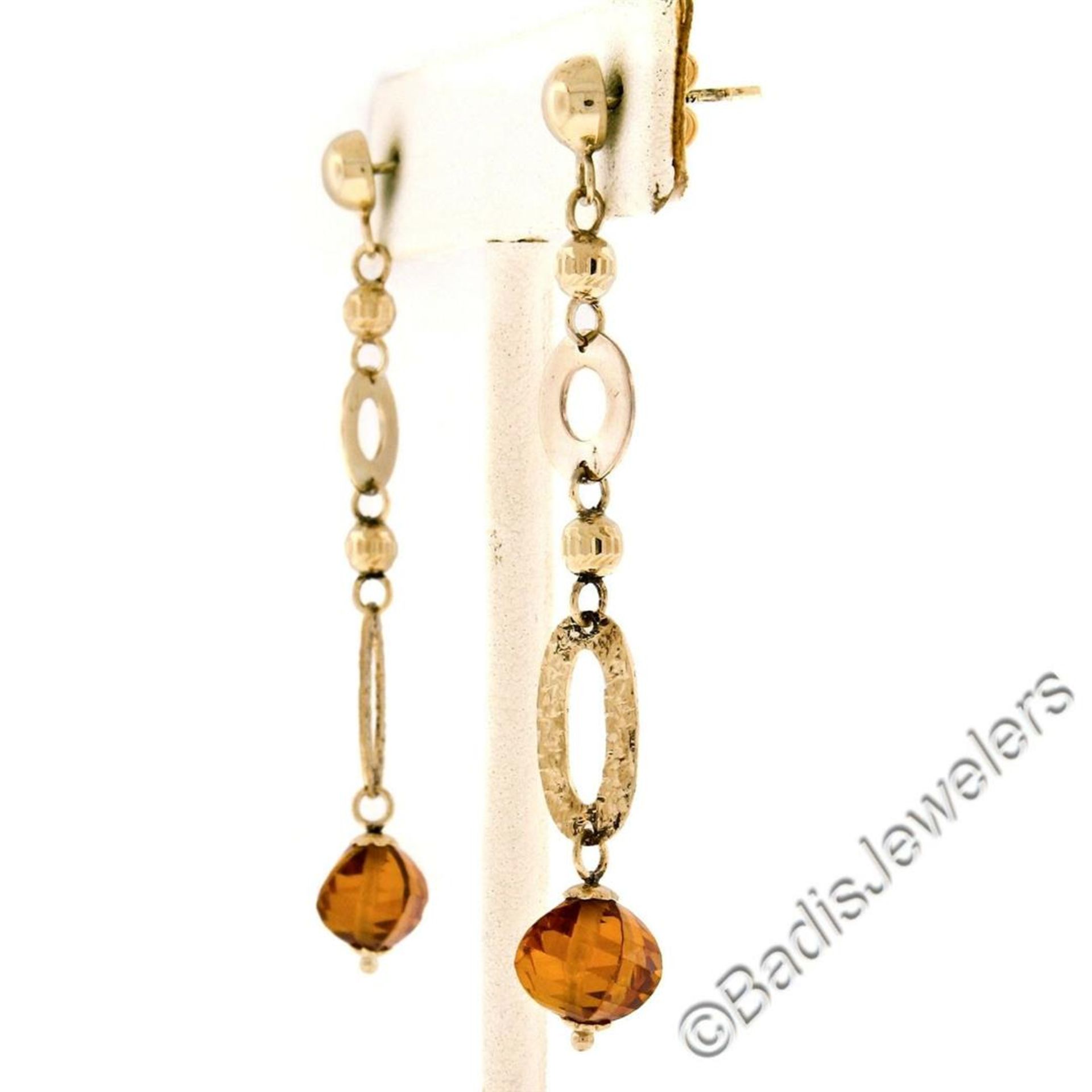 14kt Yellow Gold Polished and Textured Link Briolette Bead Citrine Dangle Earrin - Image 3 of 6