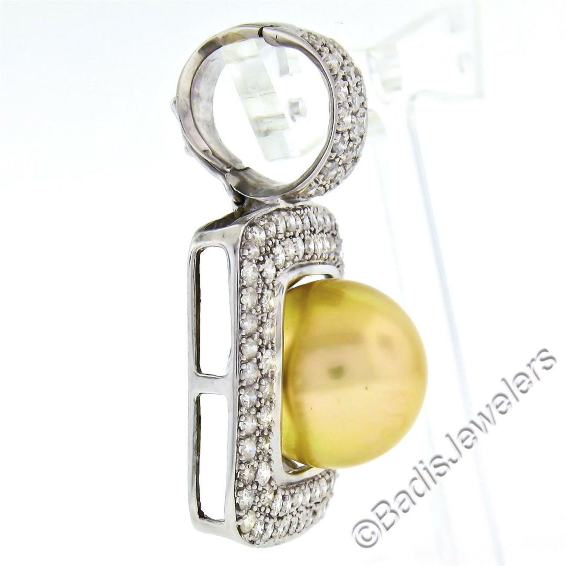 14k White Gold Golden Pearl and 3.00 ctw Diamond Square Enhancer Slide Pendant - Image 4 of 9