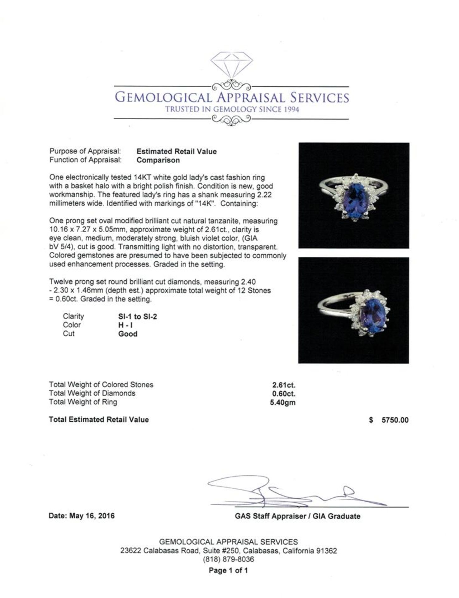 2.61 ctw Tanzanite and Diamond Ring - 14KT White Gold - Image 5 of 5