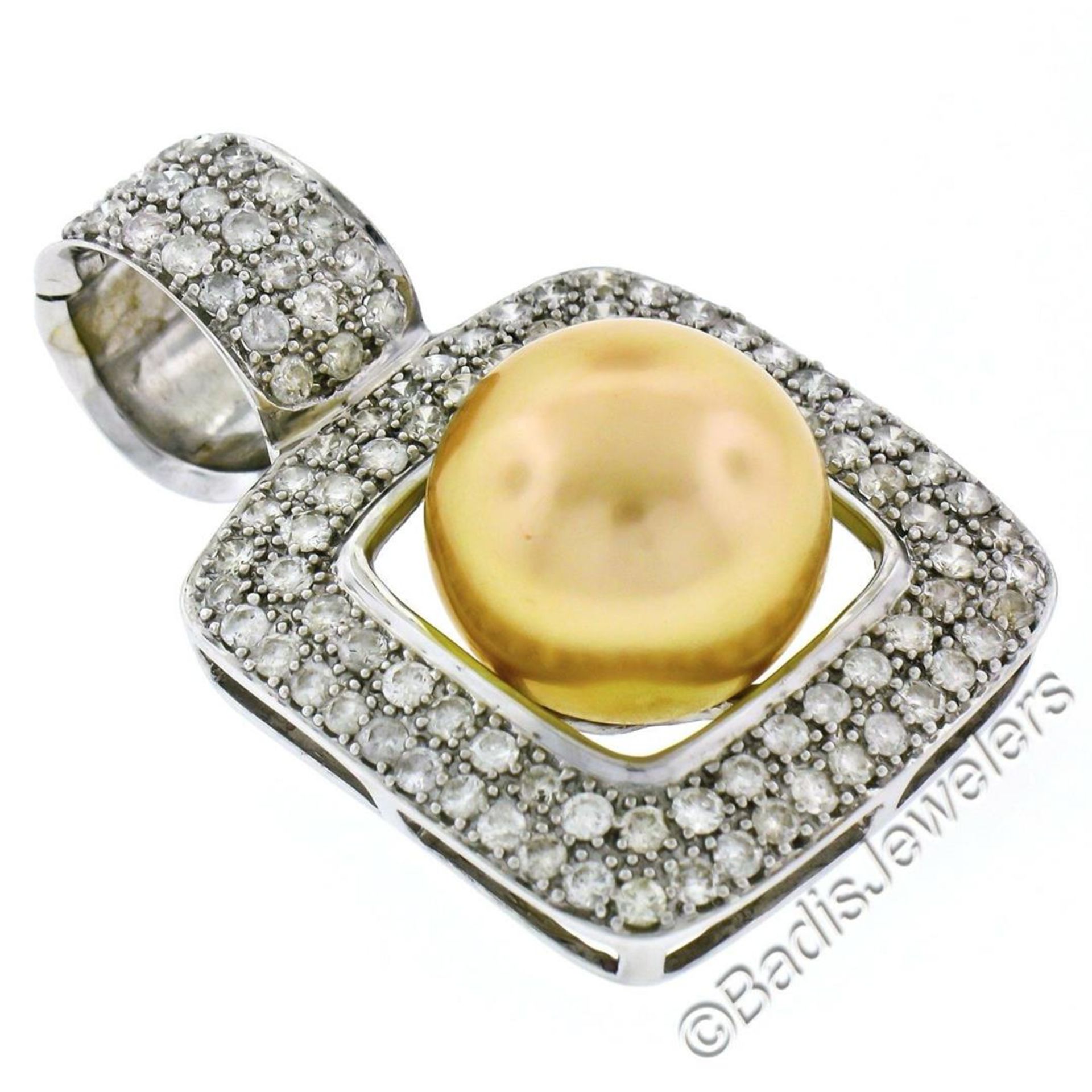 14k White Gold Golden Pearl and 3.00 ctw Diamond Square Enhancer Slide Pendant - Image 2 of 9