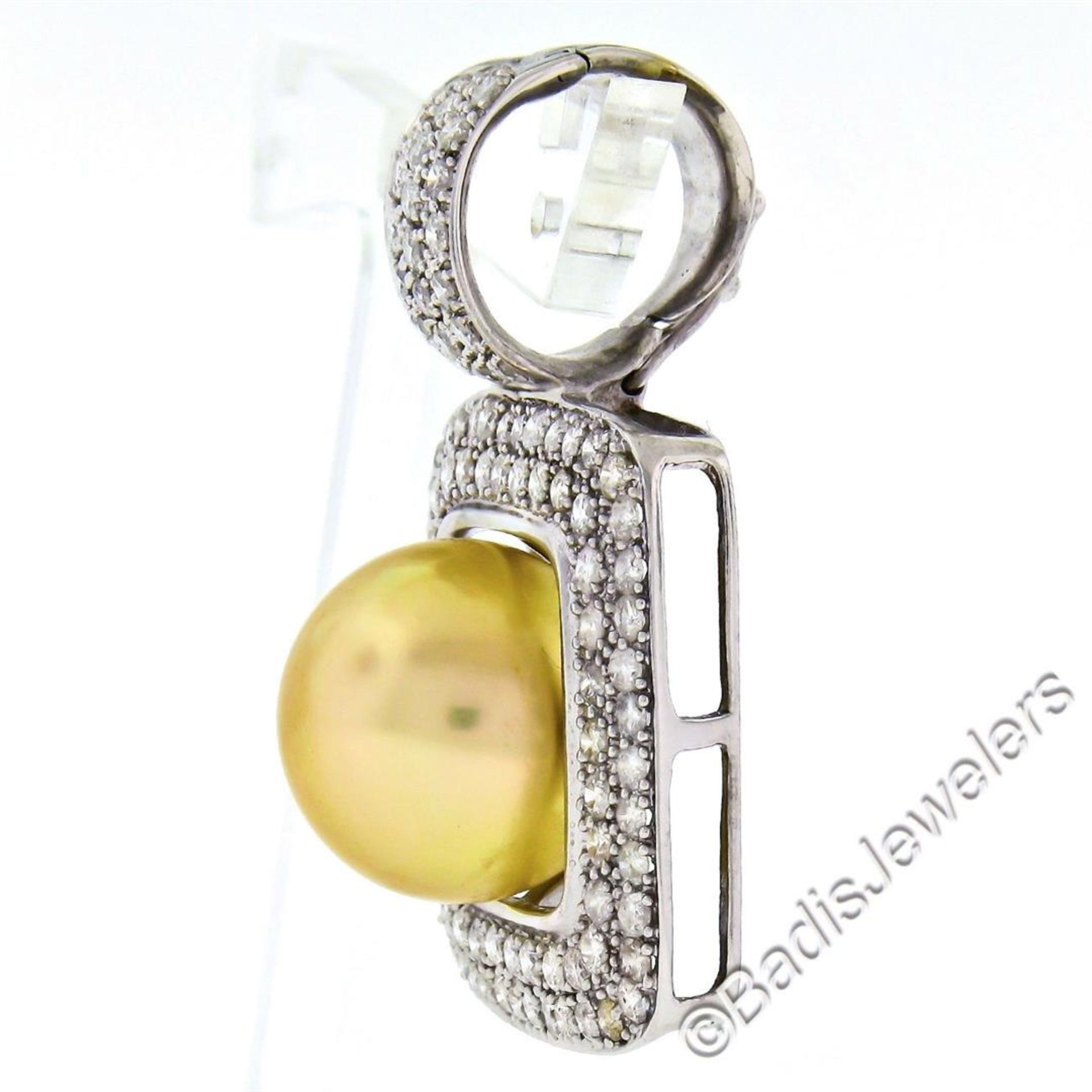 14k White Gold Golden Pearl and 3.00 ctw Diamond Square Enhancer Slide Pendant - Image 3 of 9