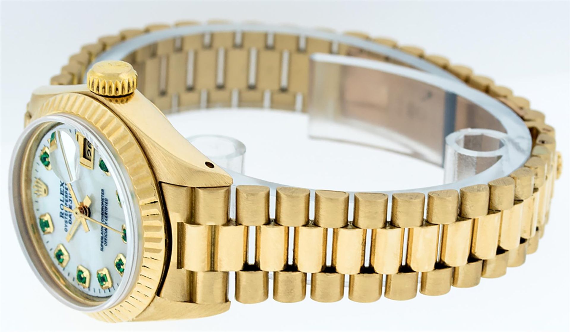 Rolex Ladies 18K Yellow Gold Mother Of Pearl Emerald Datejust President Wristwat - Image 3 of 9