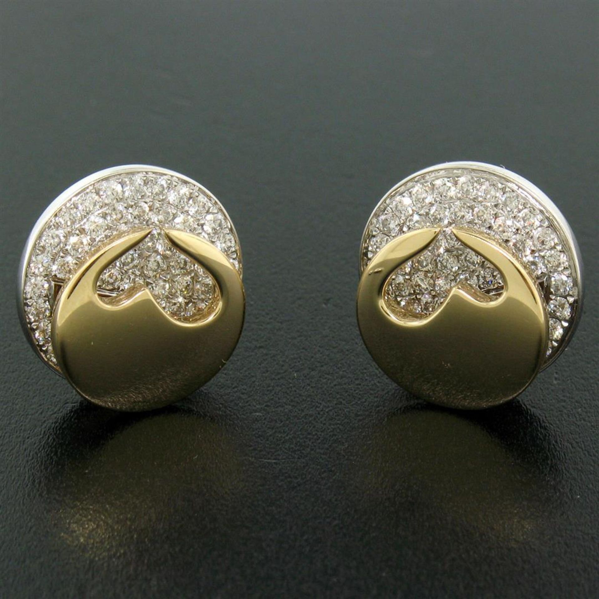 Movado 18K Two Tone Gold 1.80 ctw FINE Round Diamond & Heart Disk Button Earring - Image 2 of 7