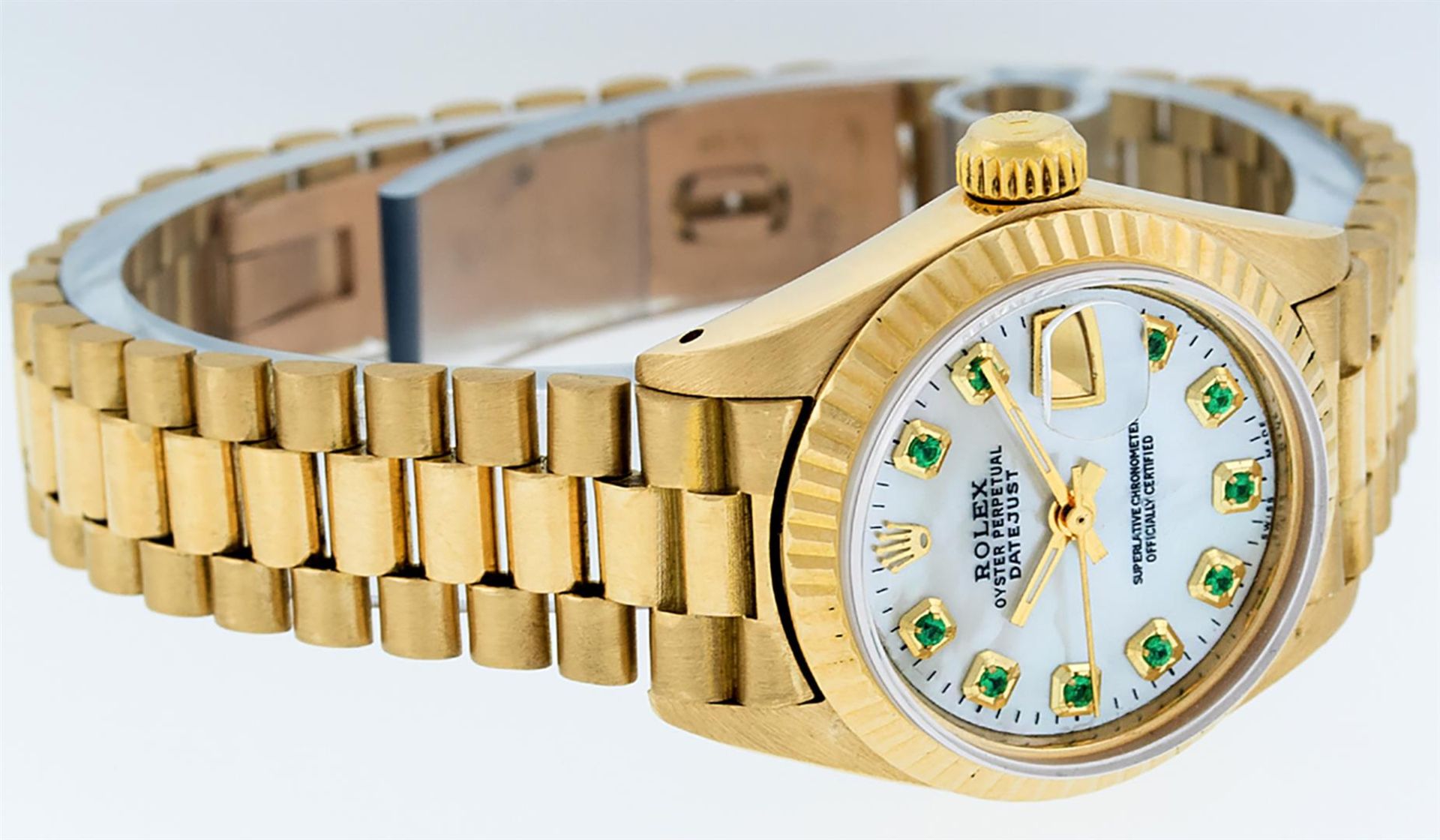 Rolex Ladies 18K Yellow Gold Mother Of Pearl Emerald Datejust President Wristwat - Image 7 of 9