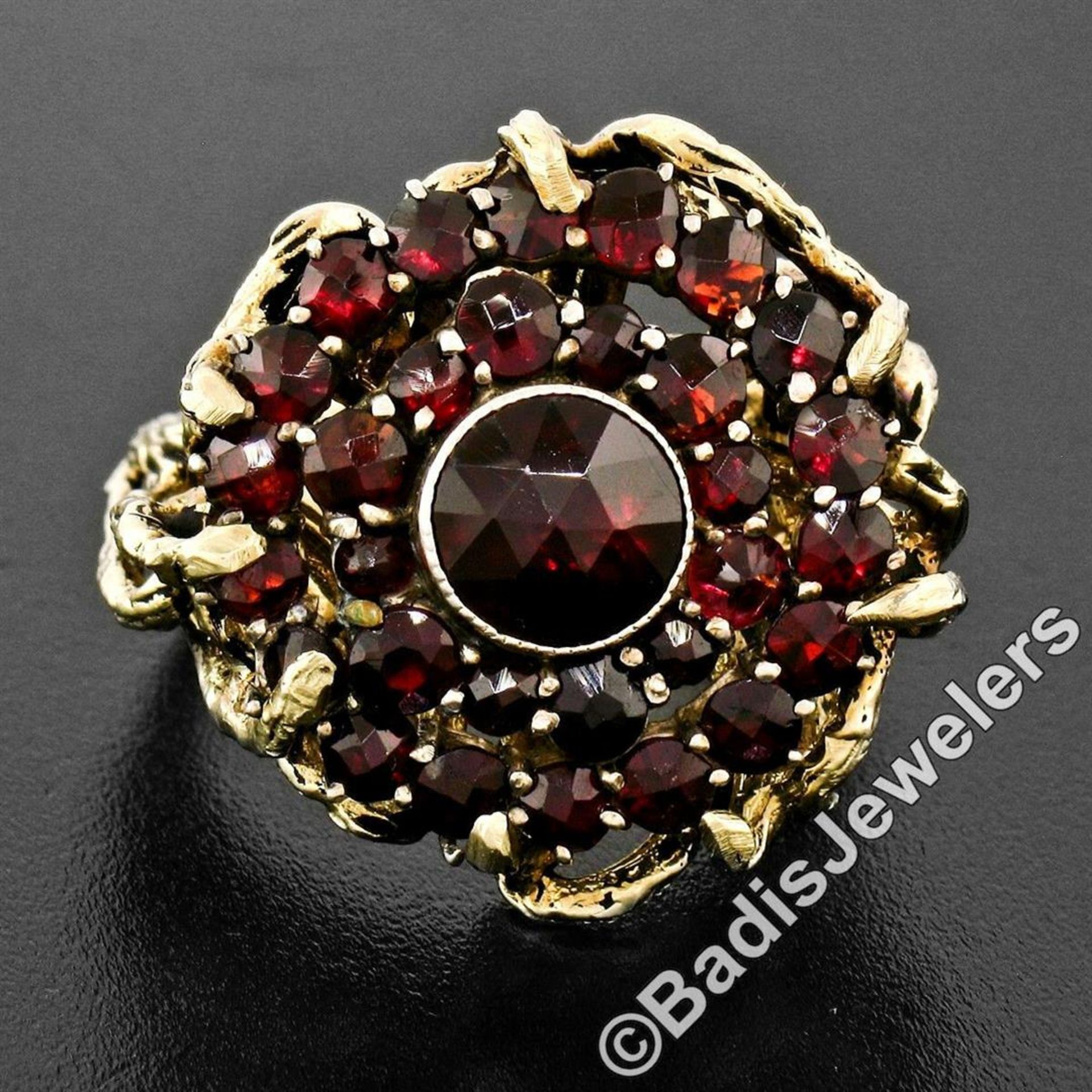 Vintage 14kt Yellow Gold and Silver Top Old Cut Garnet Cluster Ring - Image 2 of 9