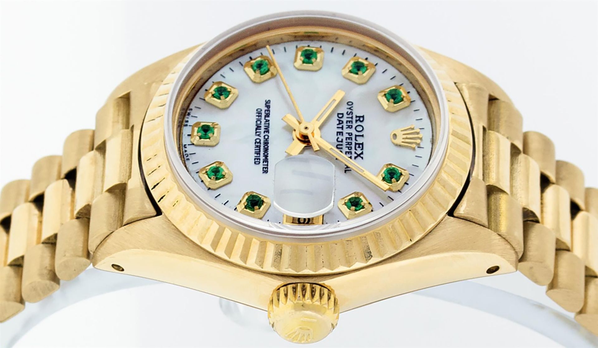 Rolex Ladies 18K Yellow Gold Mother Of Pearl Emerald Datejust President Wristwat - Image 5 of 9