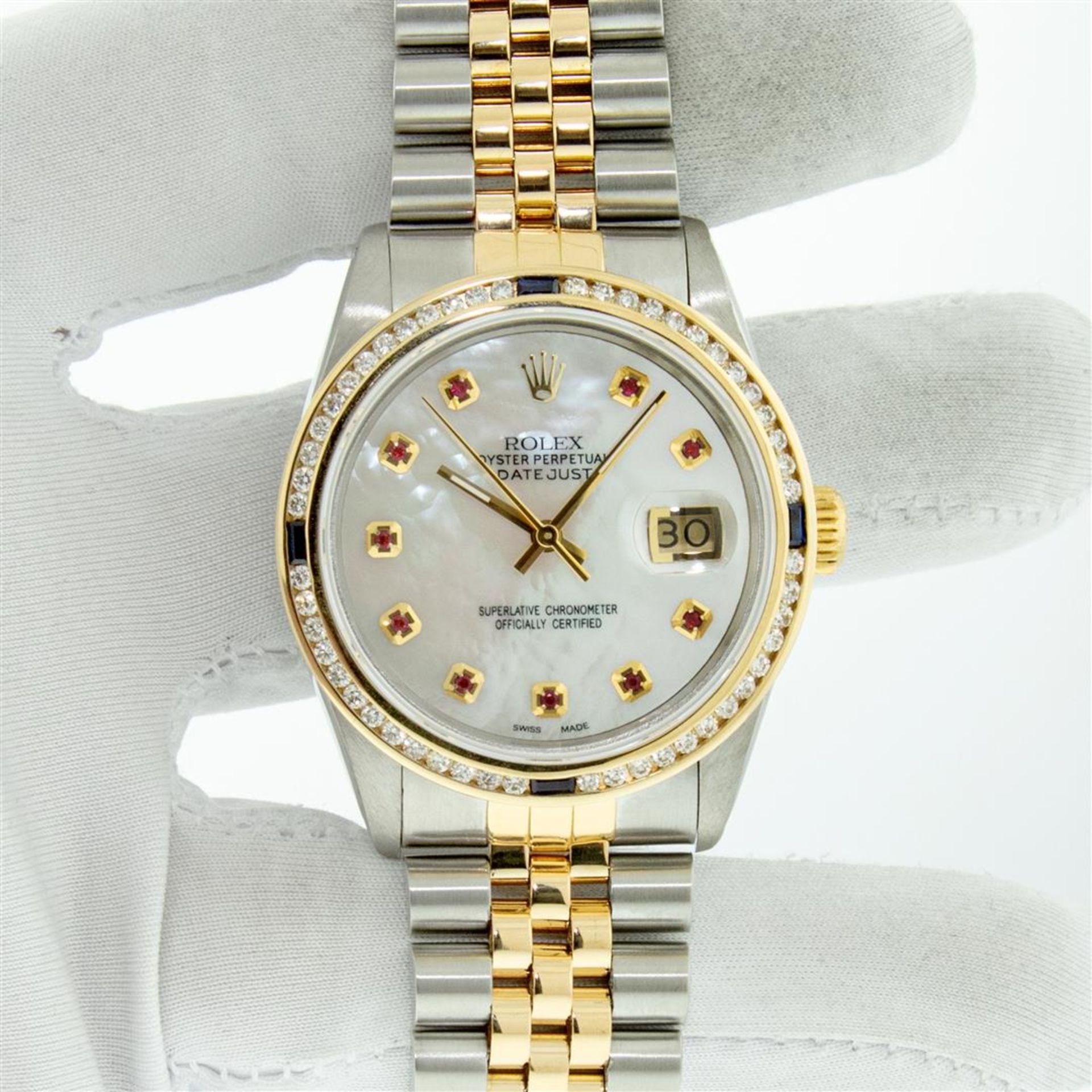 Rolex Mens 2 Tone MOP Ruby Diamond Channel Set Datejust 36MM Oyster Perpetual Wr - Image 3 of 9