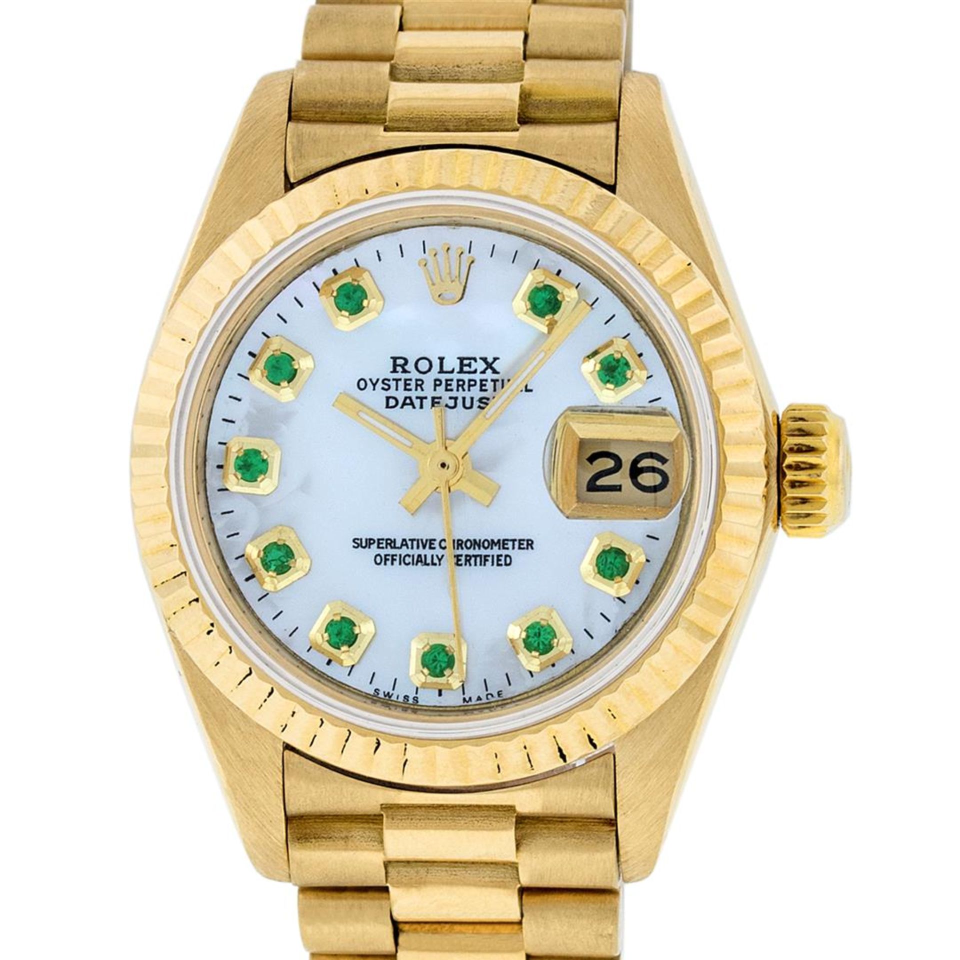 Rolex Ladies 18K Yellow Gold Mother Of Pearl Emerald Datejust President Wristwat