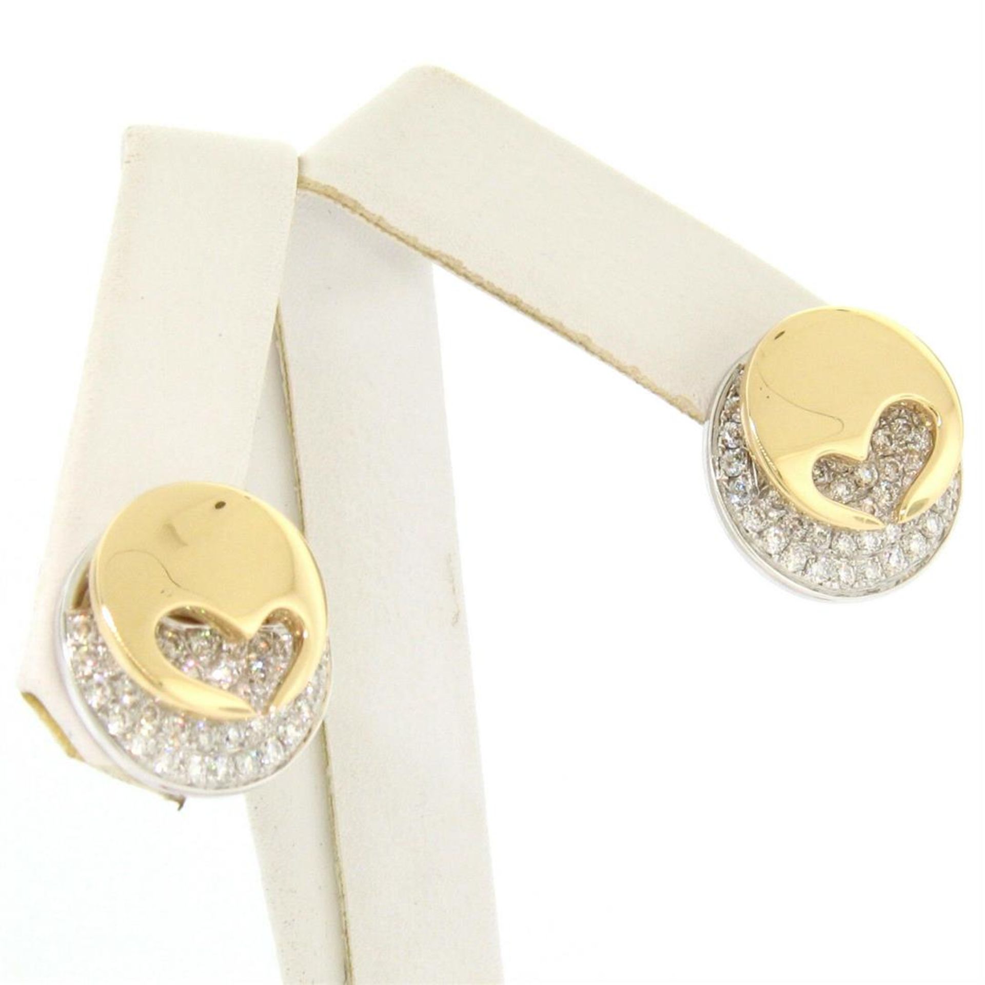 Movado 18K Two Tone Gold 1.80 ctw FINE Round Diamond & Heart Disk Button Earring - Image 3 of 7