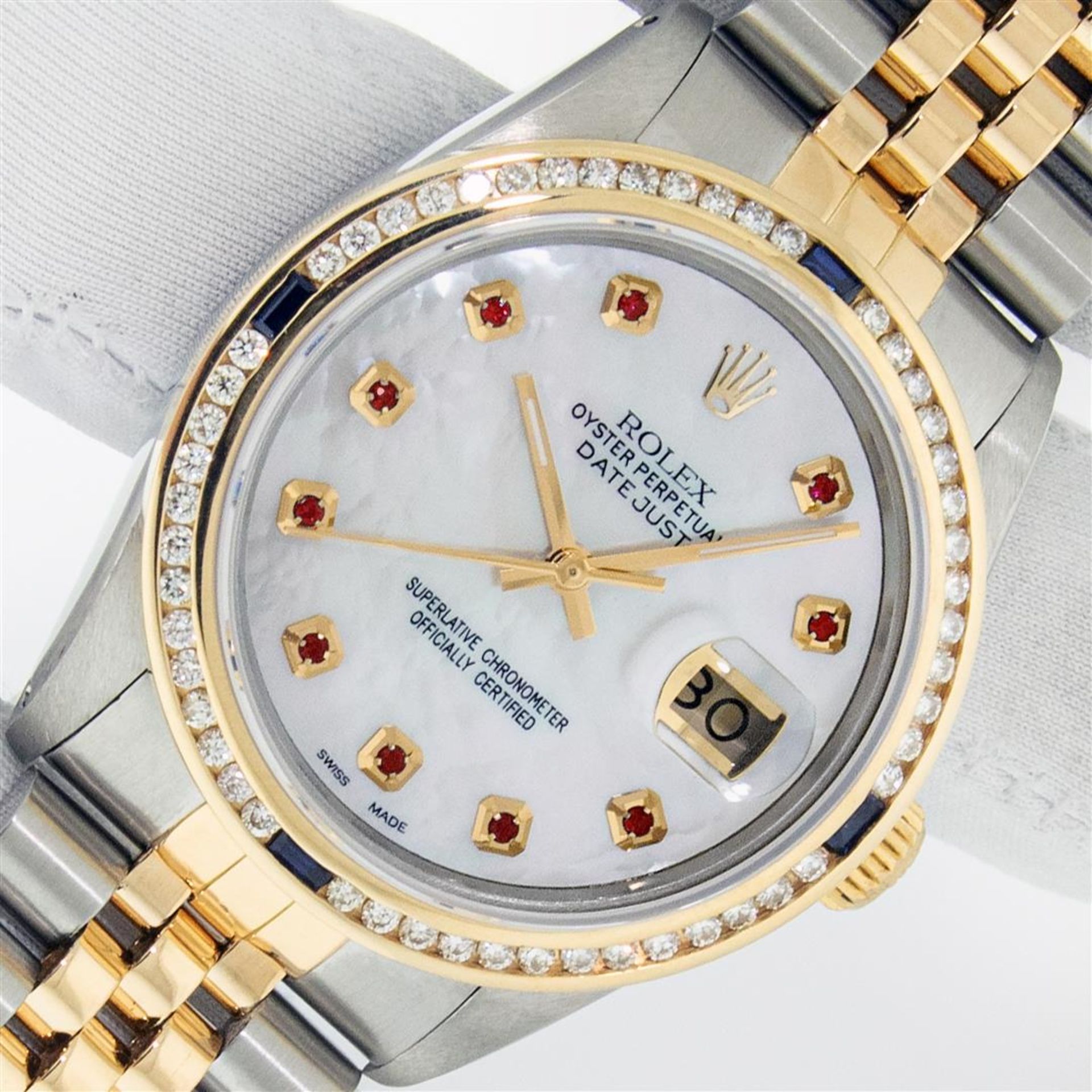 Rolex Mens 2 Tone MOP Ruby Diamond Channel Set Datejust 36MM Oyster Perpetual Wr