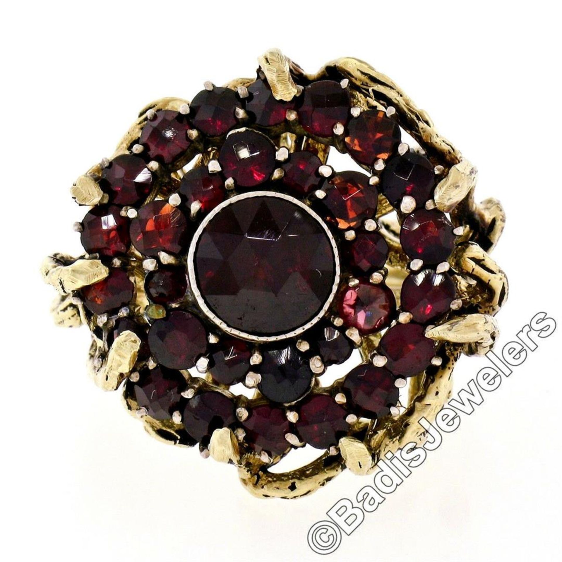 Vintage 14kt Yellow Gold and Silver Top Old Cut Garnet Cluster Ring