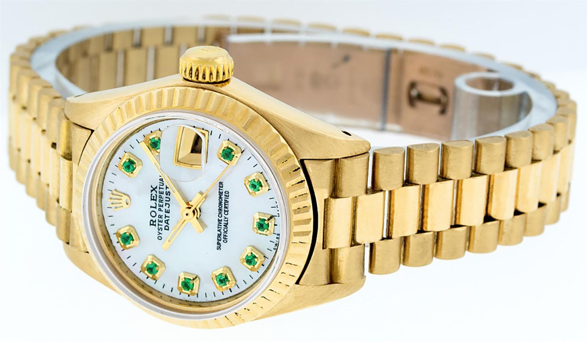 Rolex Ladies 18K Yellow Gold Mother Of Pearl Emerald Datejust President Wristwat - Image 4 of 9