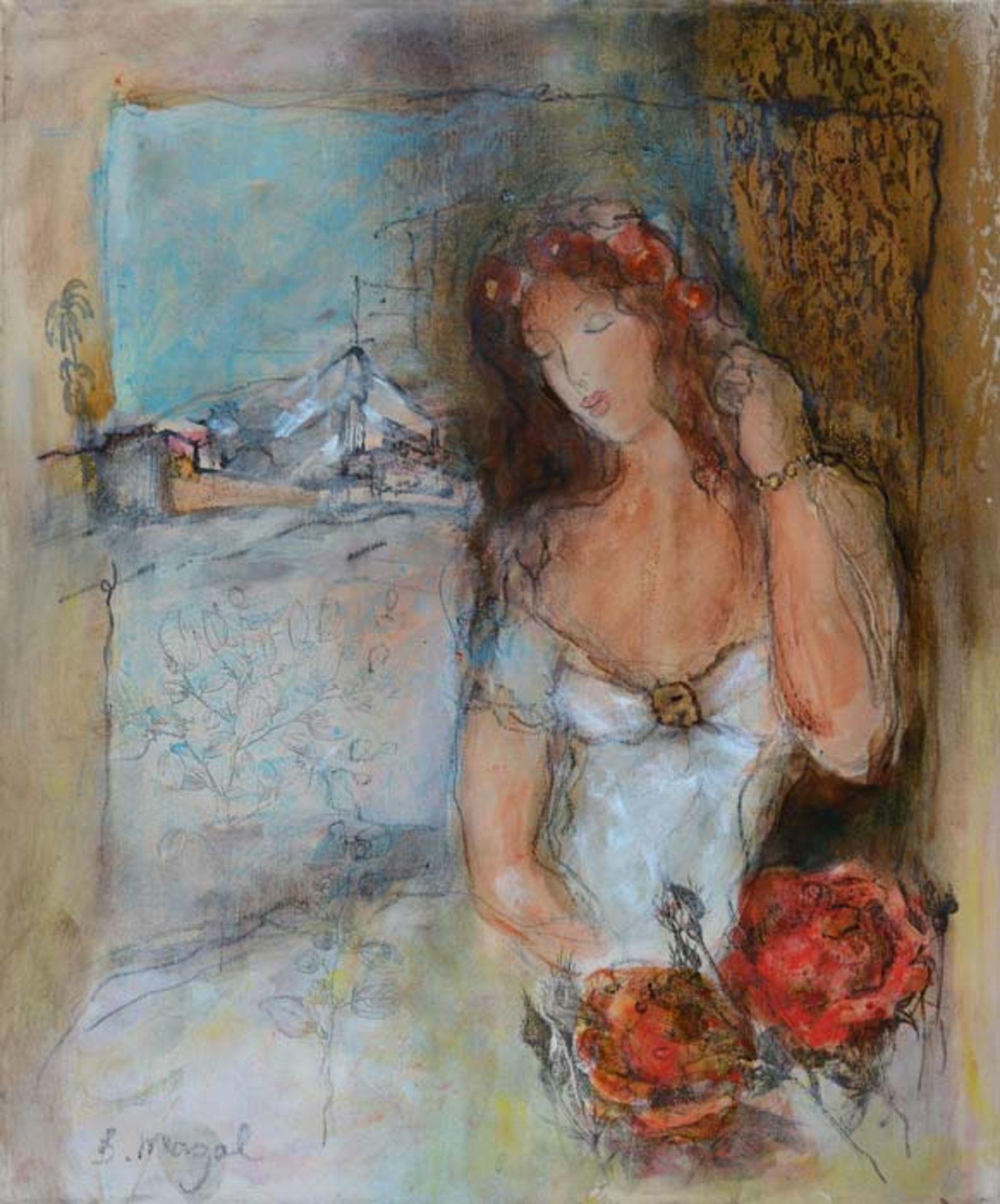 MAGAL **WOMAN IN WHITE DRESS ** SIGNED ORIGINAL OIL