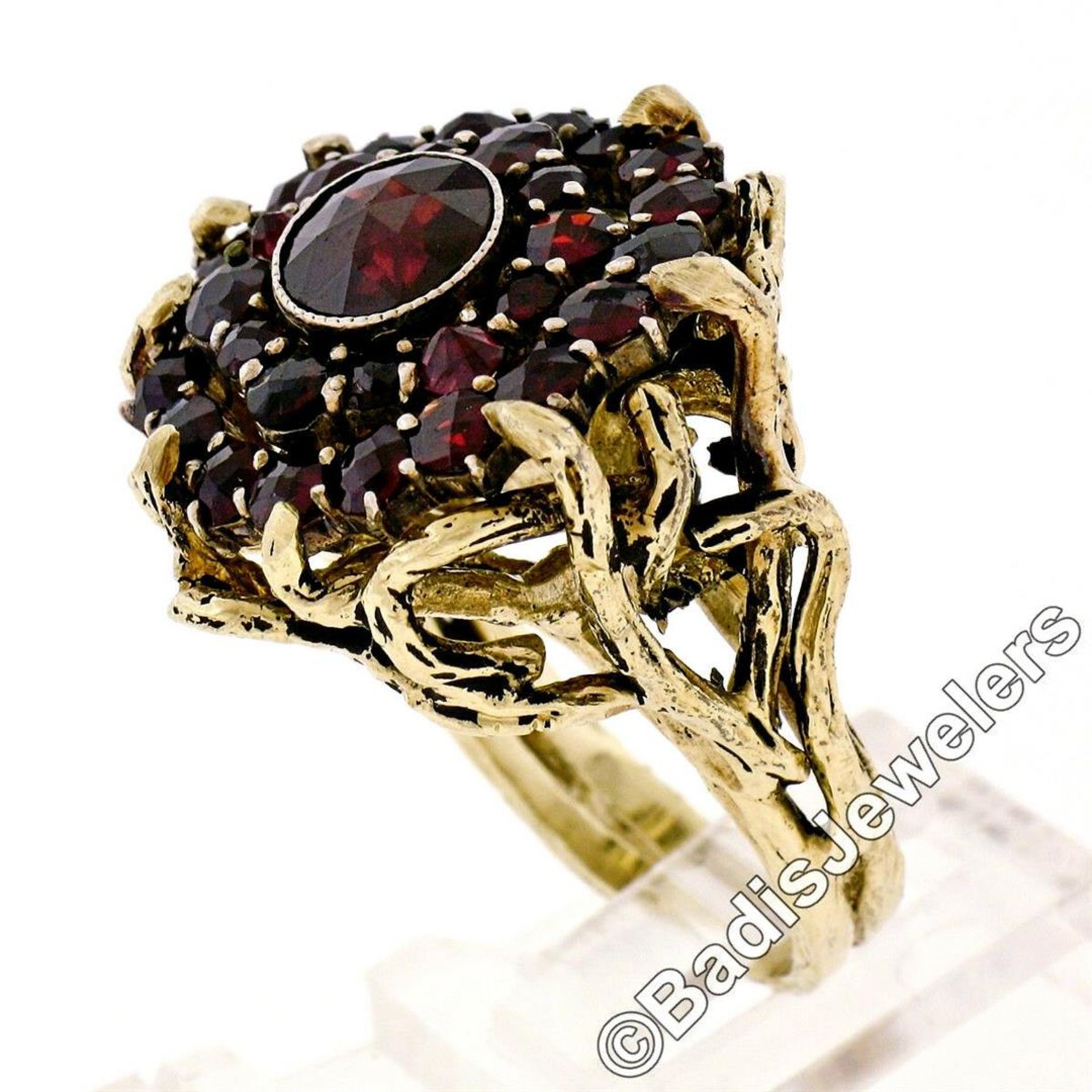 Vintage 14kt Yellow Gold and Silver Top Old Cut Garnet Cluster Ring - Image 6 of 9