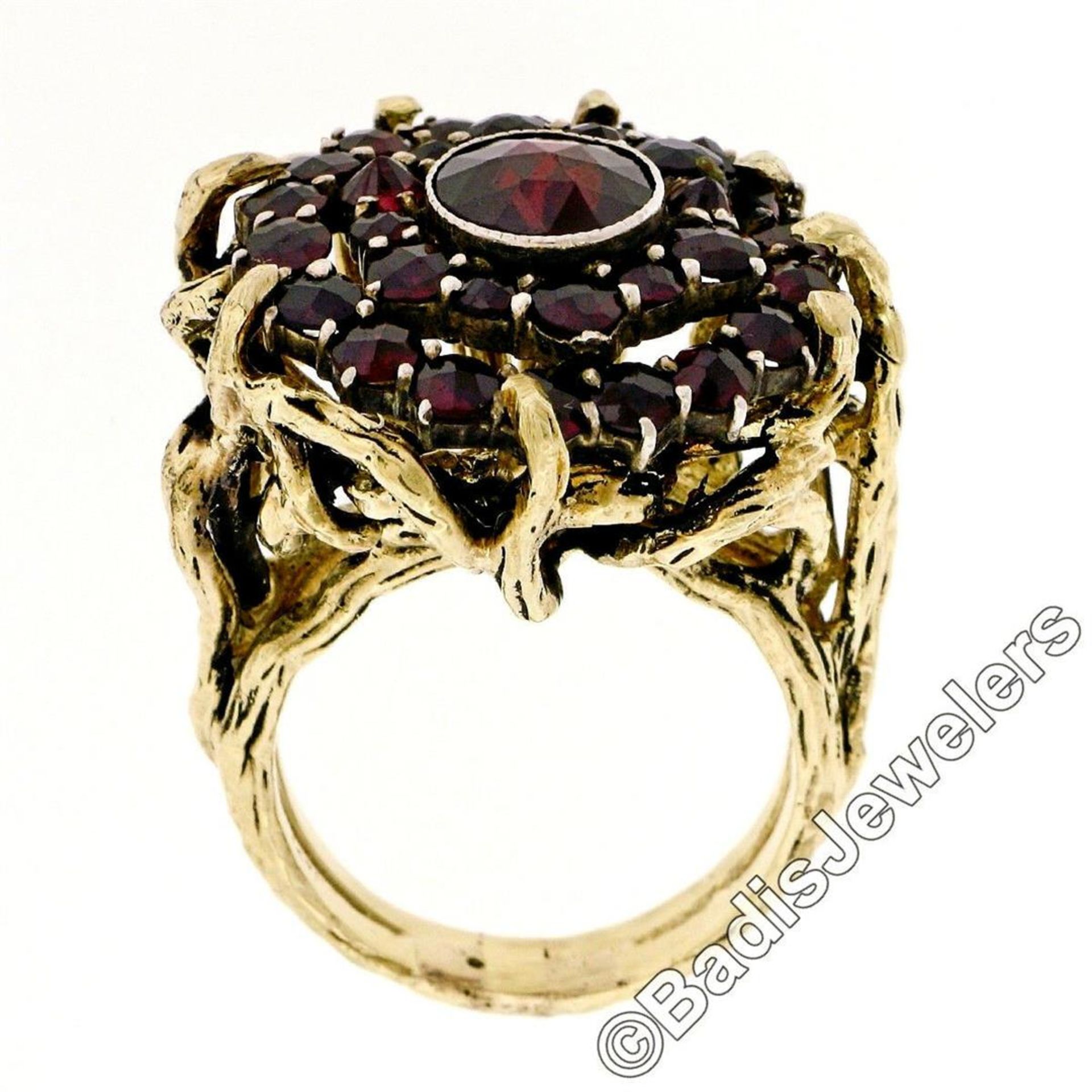 Vintage 14kt Yellow Gold and Silver Top Old Cut Garnet Cluster Ring - Image 5 of 9