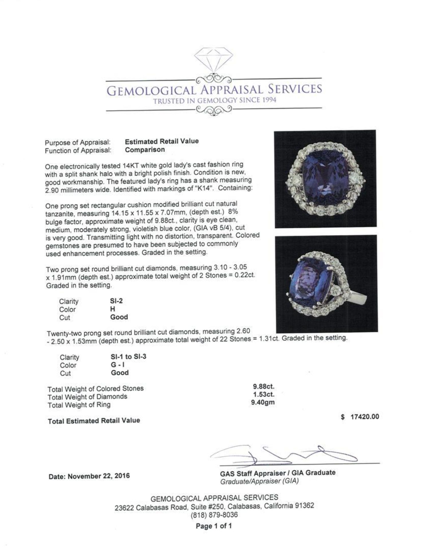 9.88 ctw Tanzanite and Diamond Ring - 14KT White Gold - Image 5 of 5