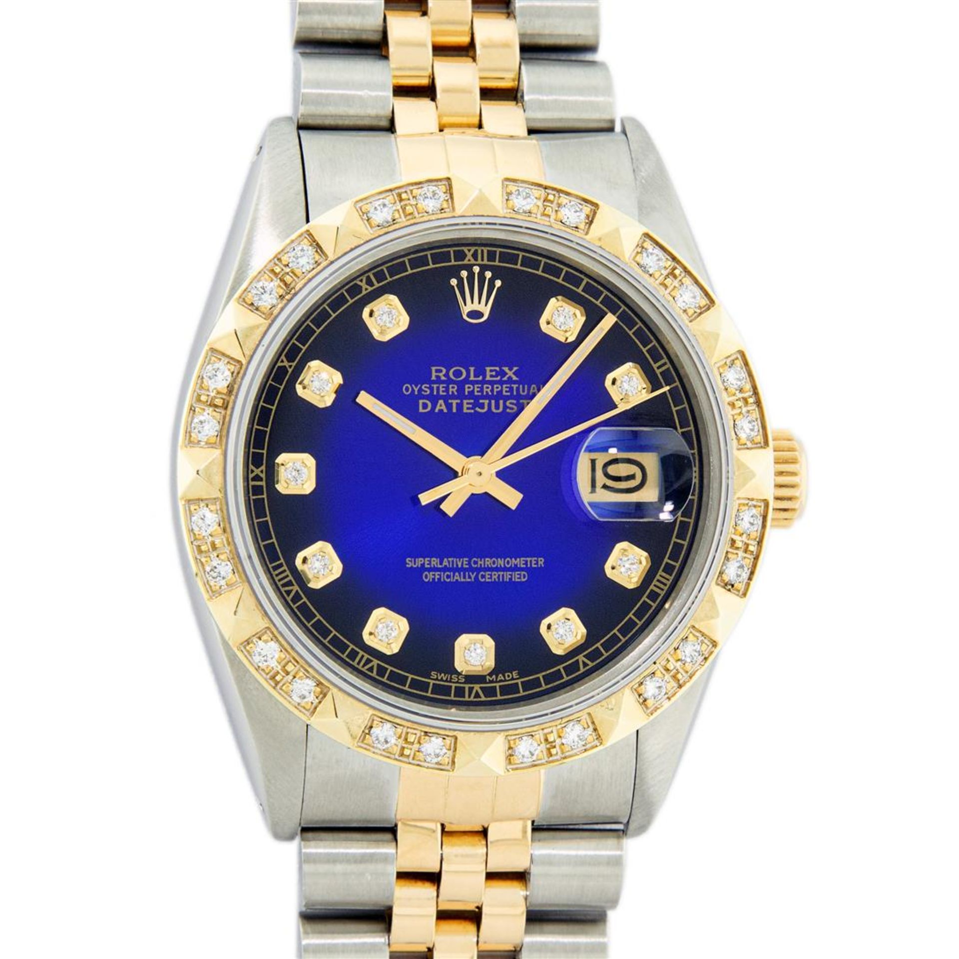 Rolex 2T Blue Vignette Pyramid Diamond Oyster Perpetual Datejust 36MM