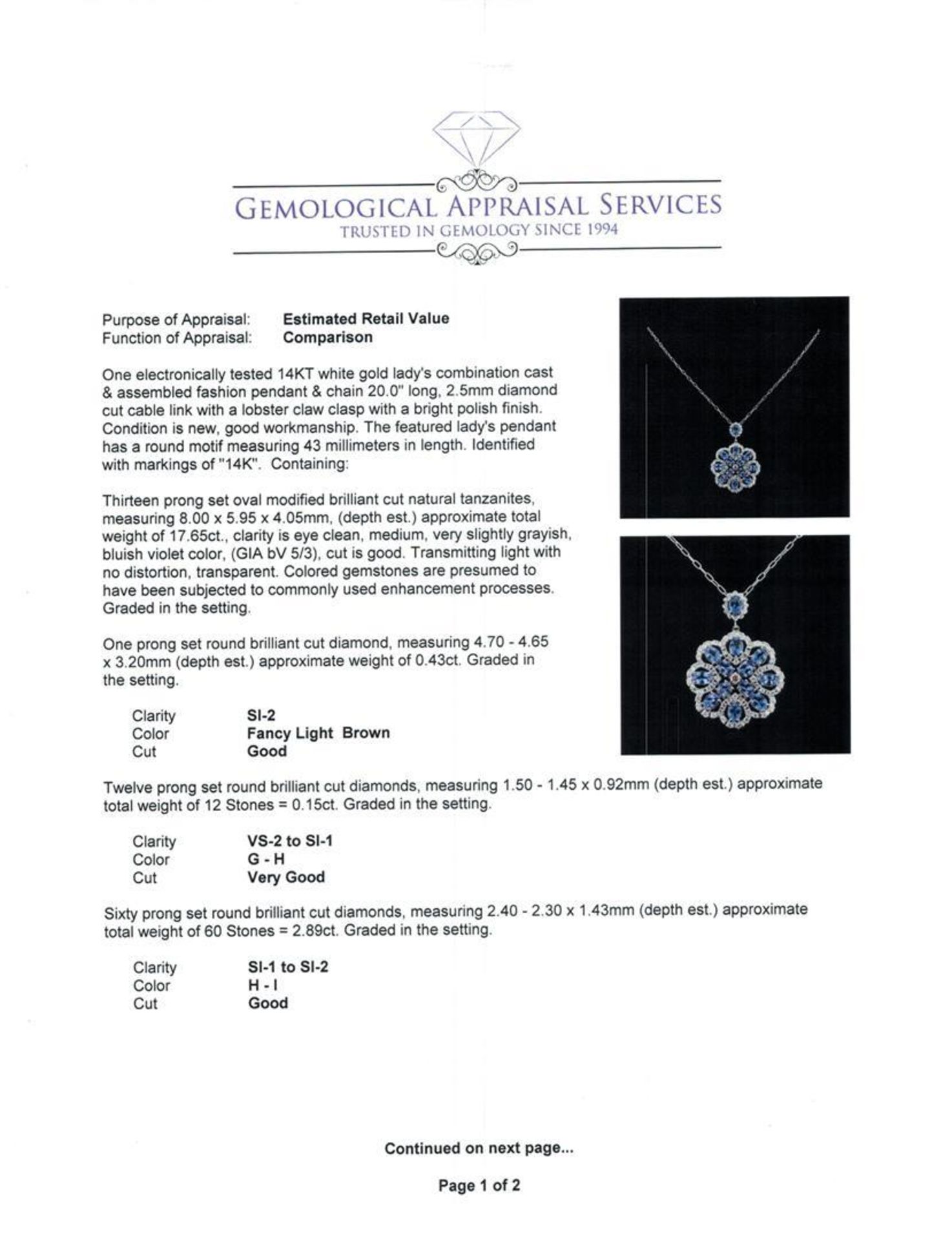 17.65 ctw Tanzanite and Diamond Pendant With Chain - 14KT White Gold - Image 3 of 4