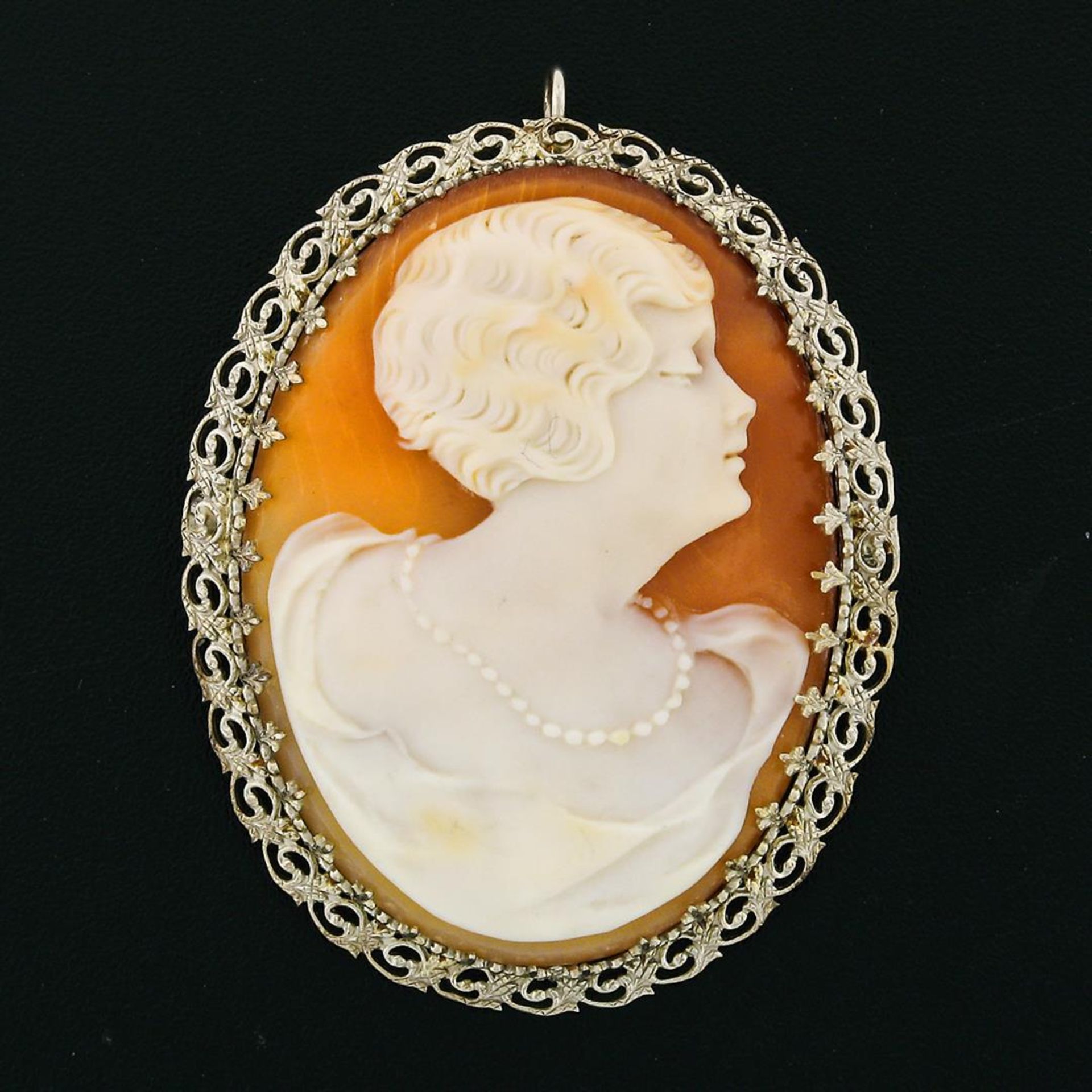 Fancy Vintage 14K Gold Carved Shell Cameo Etched Floral Filigree Brooch Pendant - Image 2 of 4