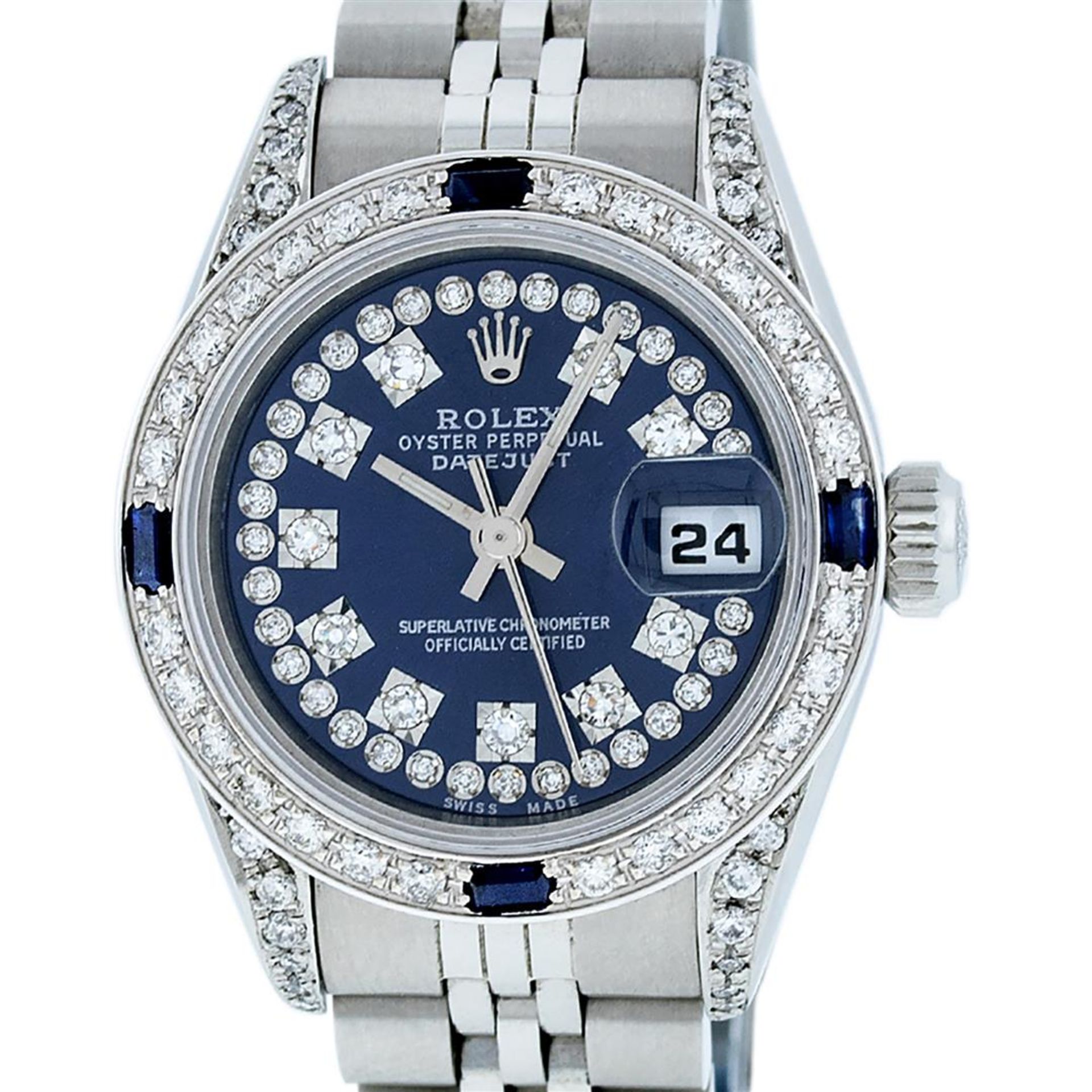 Rolex Ladies Stainless Steel Quickset Sapphire Blue Diamond Lugs Datejust Wristw - Image 2 of 9