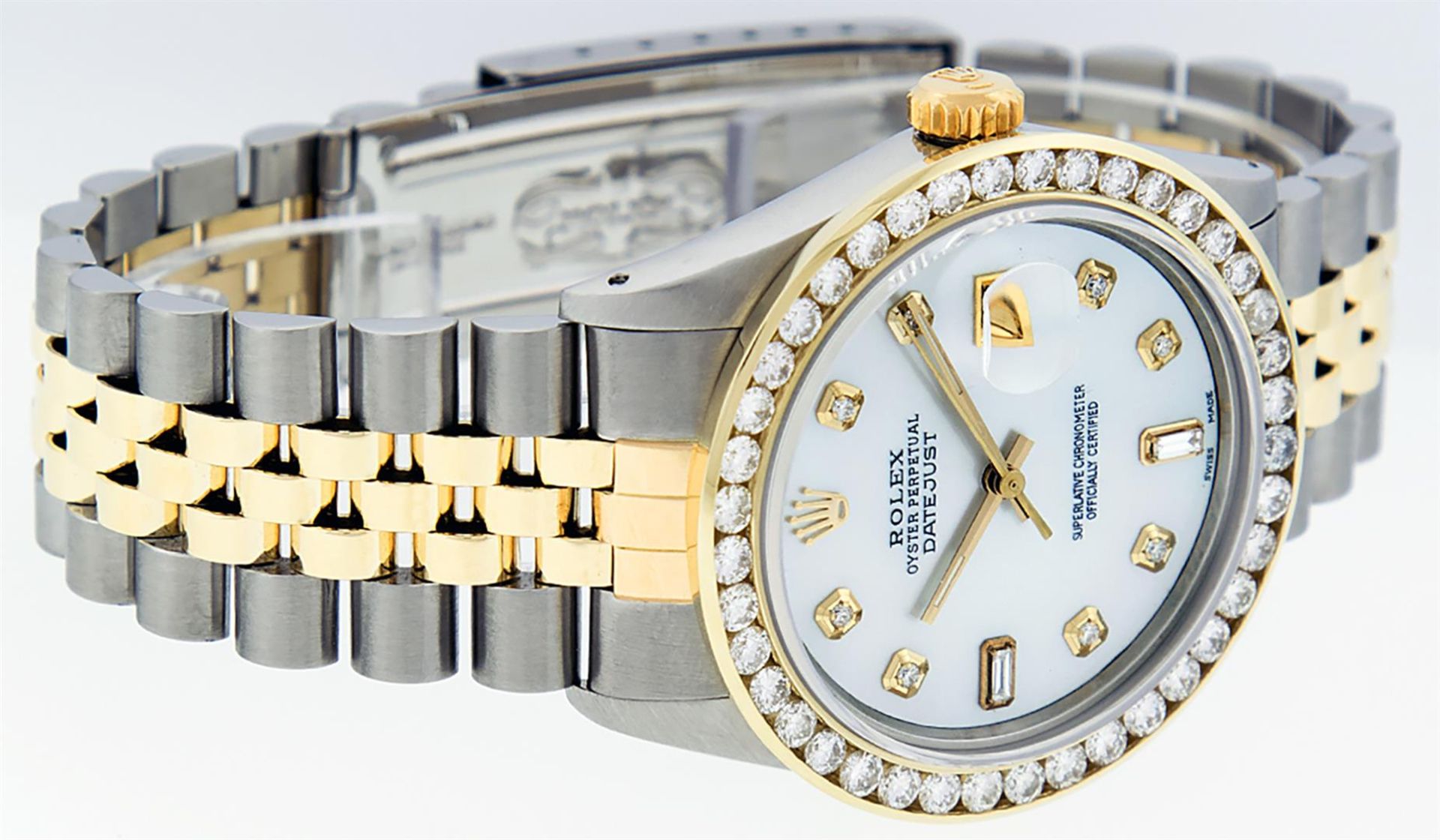 Rolex Mens 2 Tone Mother Of Pearl 3 ctw Channel Set Diamond Datejust Wristwatch - Image 3 of 9