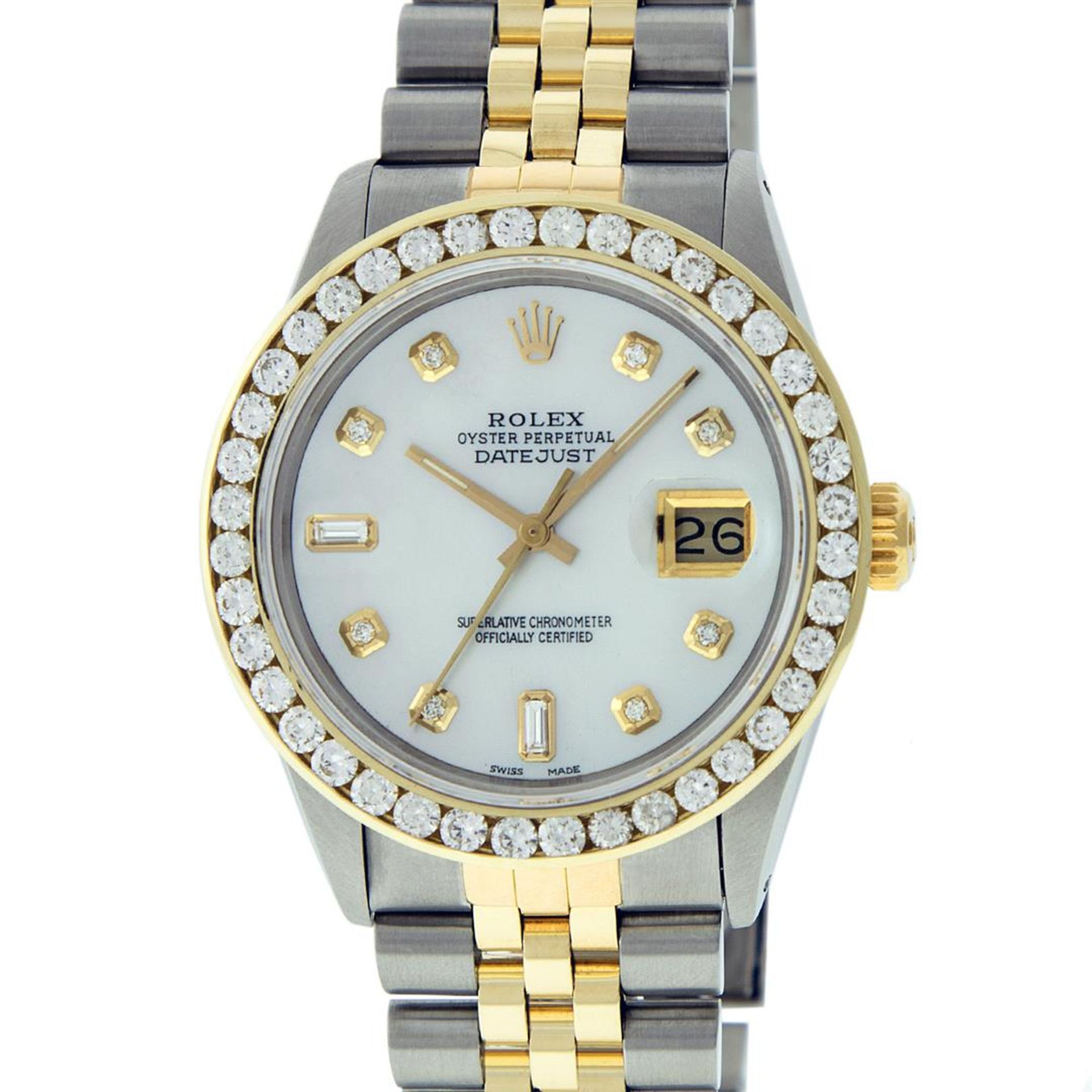 Rolex Mens 2 Tone Mother Of Pearl 3 ctw Channel Set Diamond Datejust Wristwatch