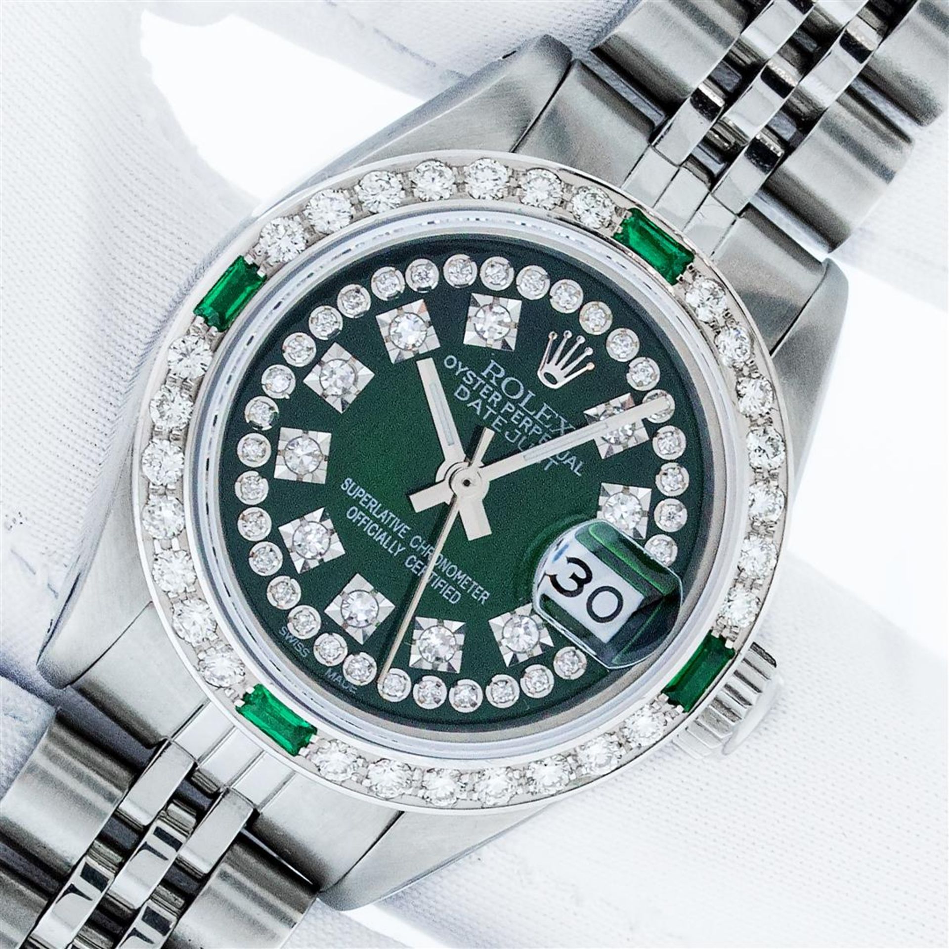 Rolex Ladies Stainless Steel Green Emerald & Diamond Datejust Wristwatch 26MM Wi