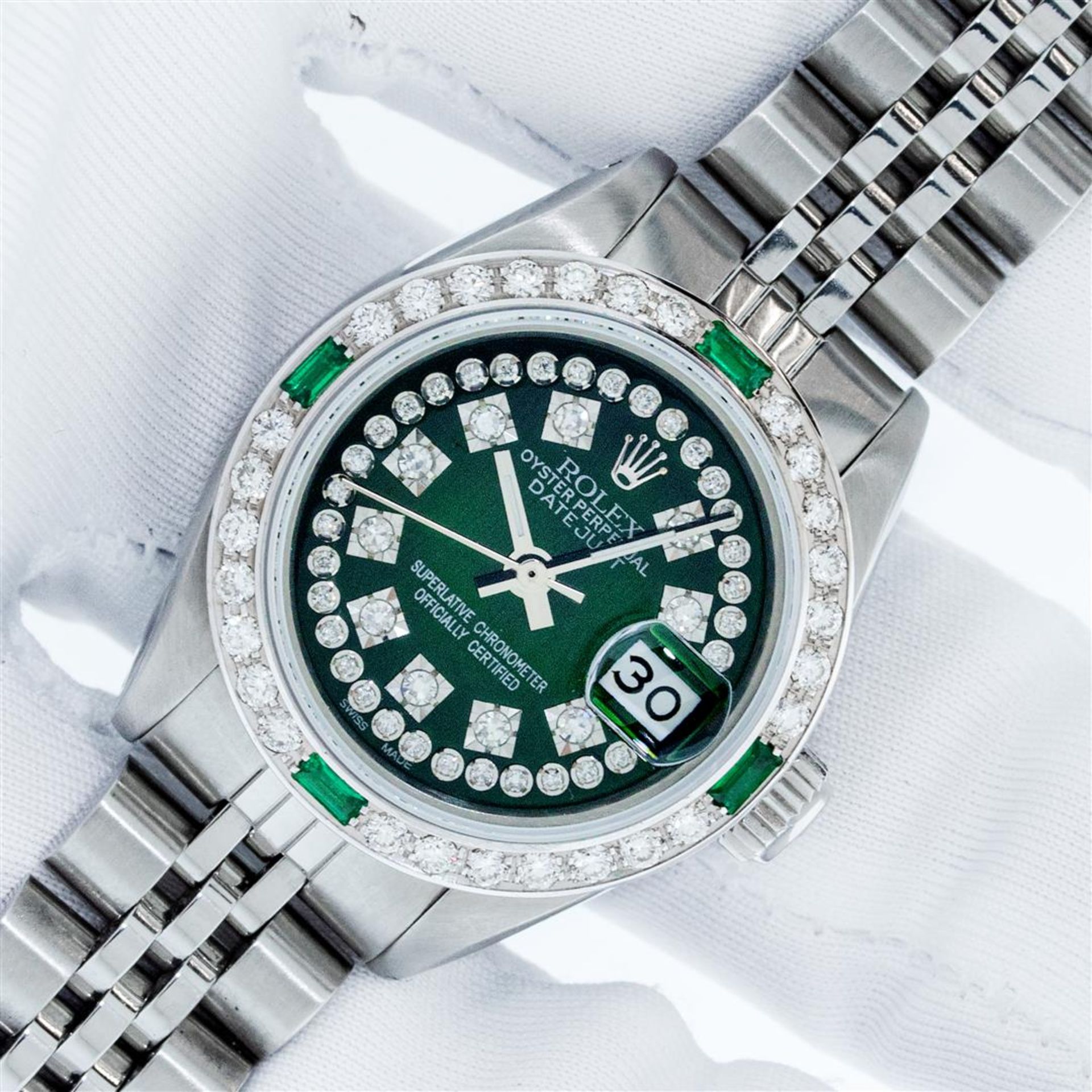 Rolex Ladies Stainless Steel Green Emerald & Diamond Datejust Wristwatch 26MM Wi - Image 4 of 9