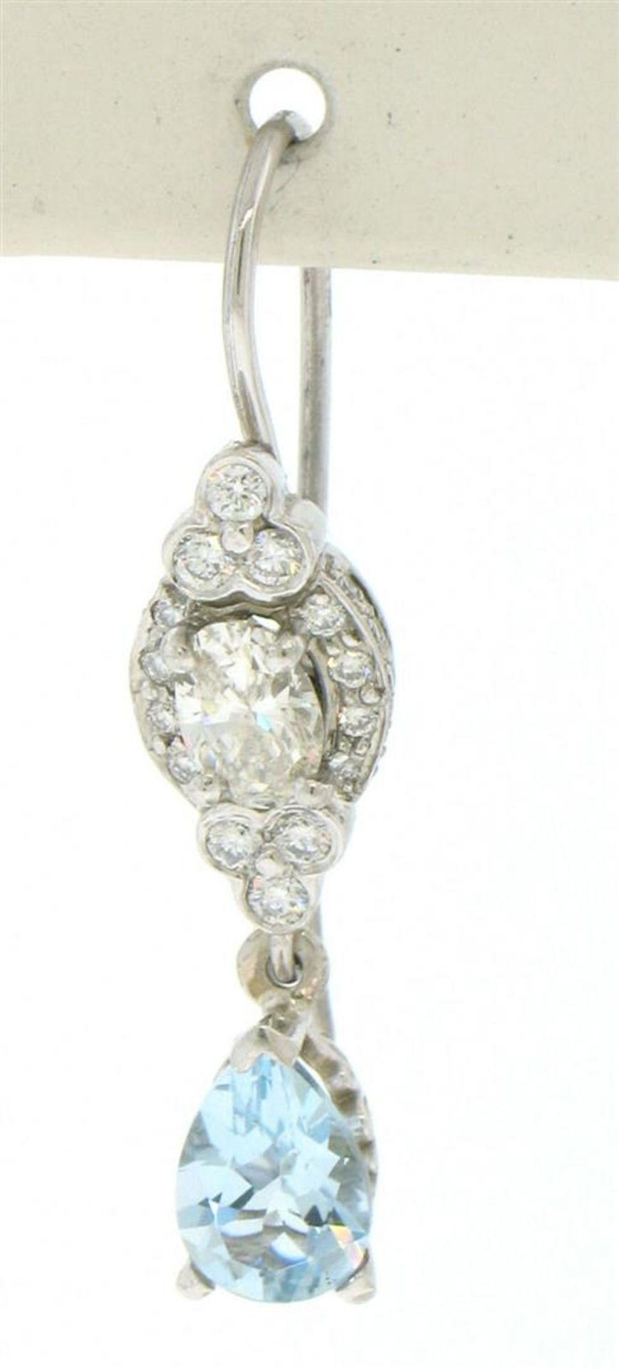 18K Solid White Gold Dangle Drop Earrings w/ an Oval Diamond & Pear Aquamarine - Image 2 of 5