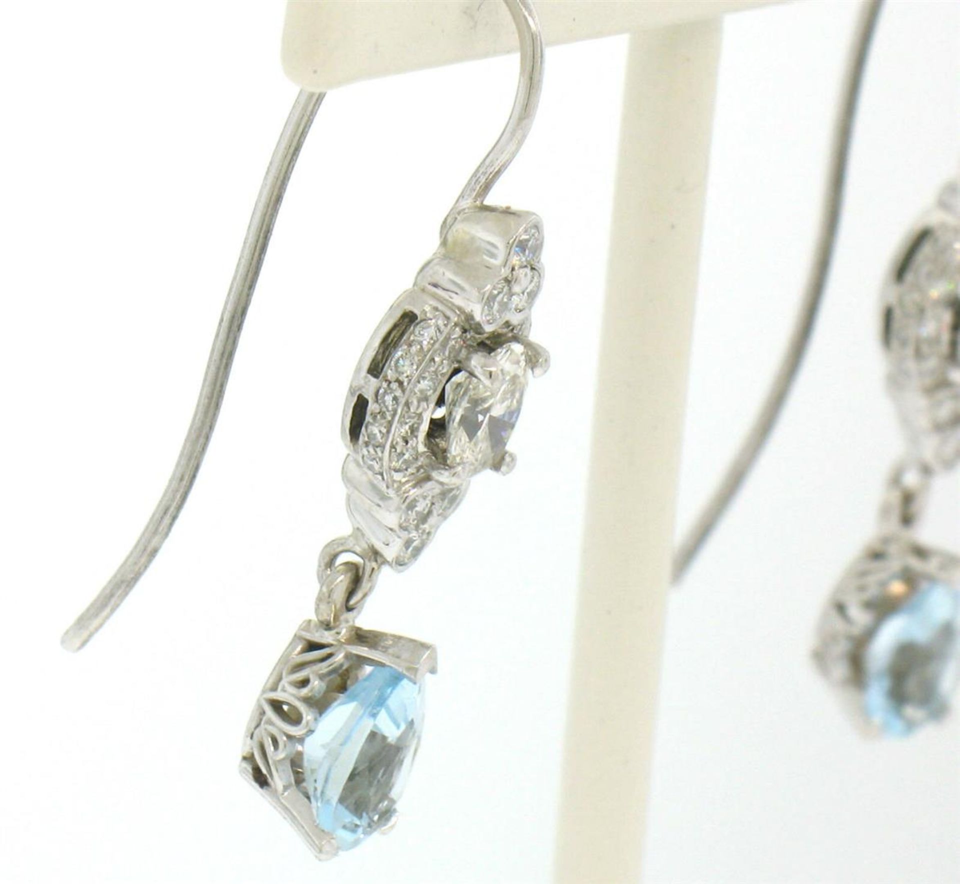 18K Solid White Gold Dangle Drop Earrings w/ an Oval Diamond & Pear Aquamarine - Image 4 of 5