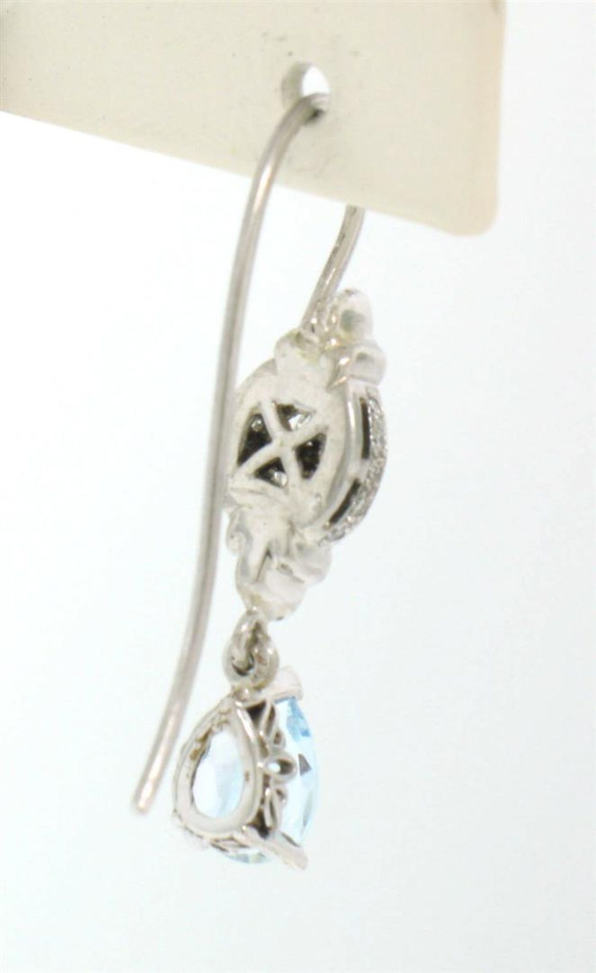 18K Solid White Gold Dangle Drop Earrings w/ an Oval Diamond & Pear Aquamarine - Image 5 of 5