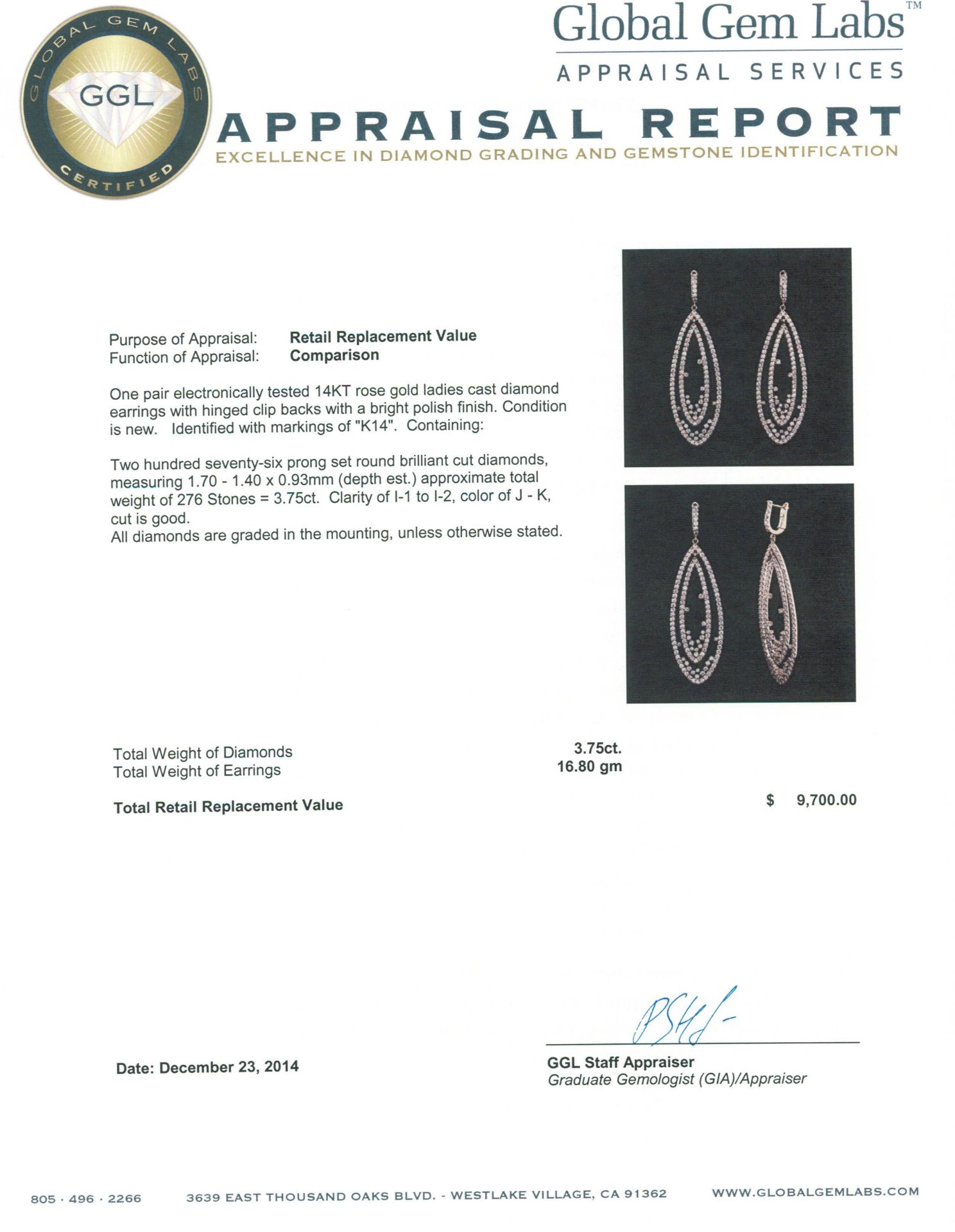 14KT Rose Gold 3.75 ctw Diamond Earrings - Image 3 of 3