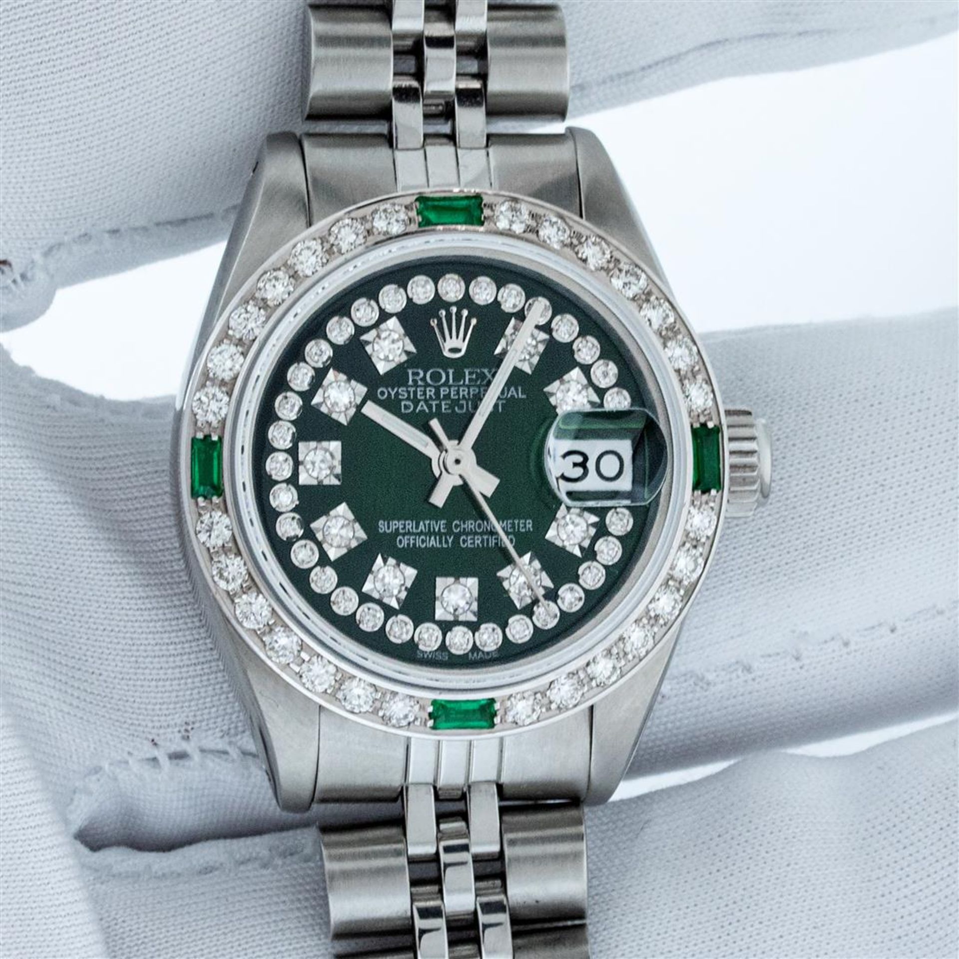 Rolex Ladies Stainless Steel Green Emerald & Diamond Datejust Wristwatch 26MM Wi - Image 2 of 9