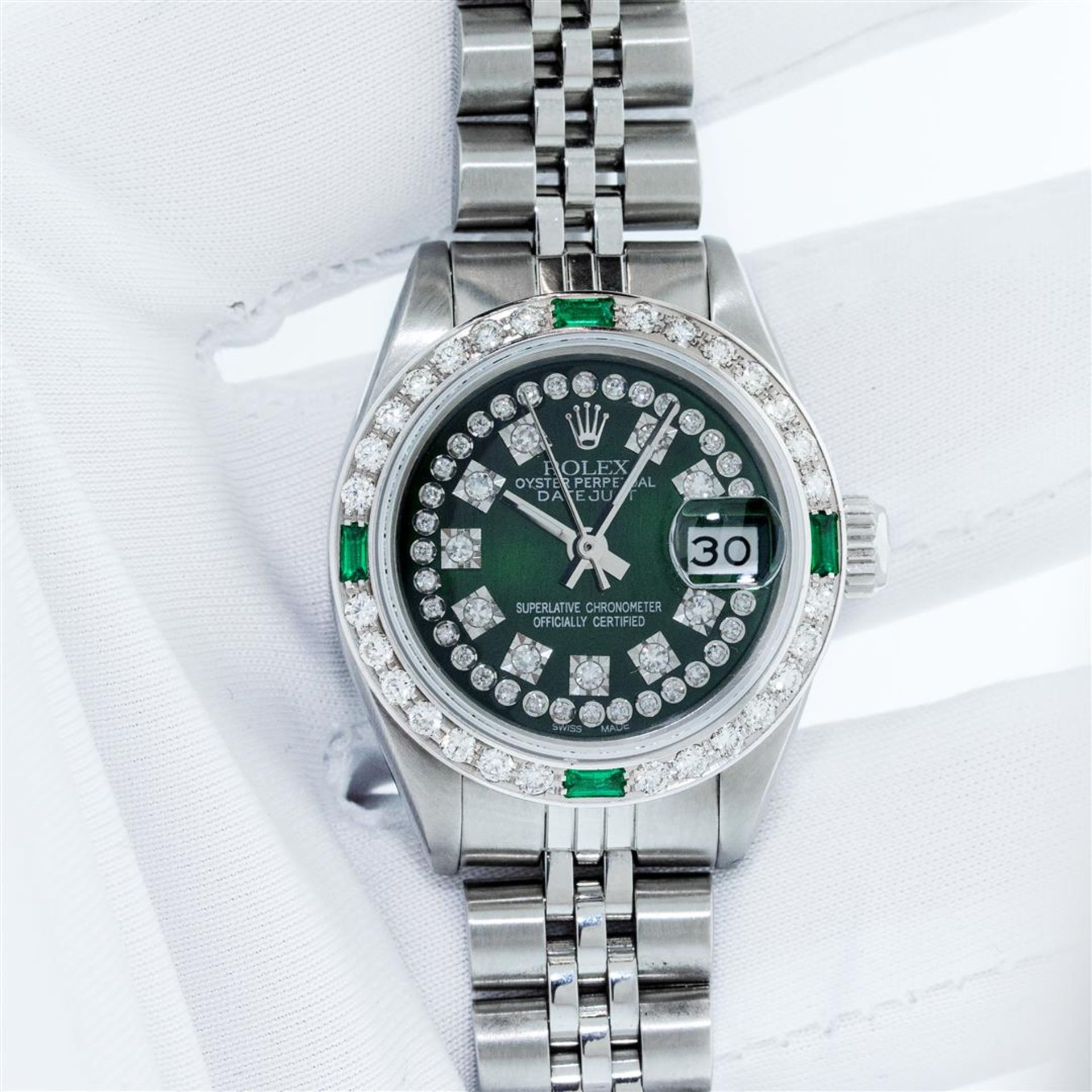 Rolex Ladies Stainless Steel Green Emerald & Diamond Datejust Wristwatch 26MM Wi - Image 3 of 9