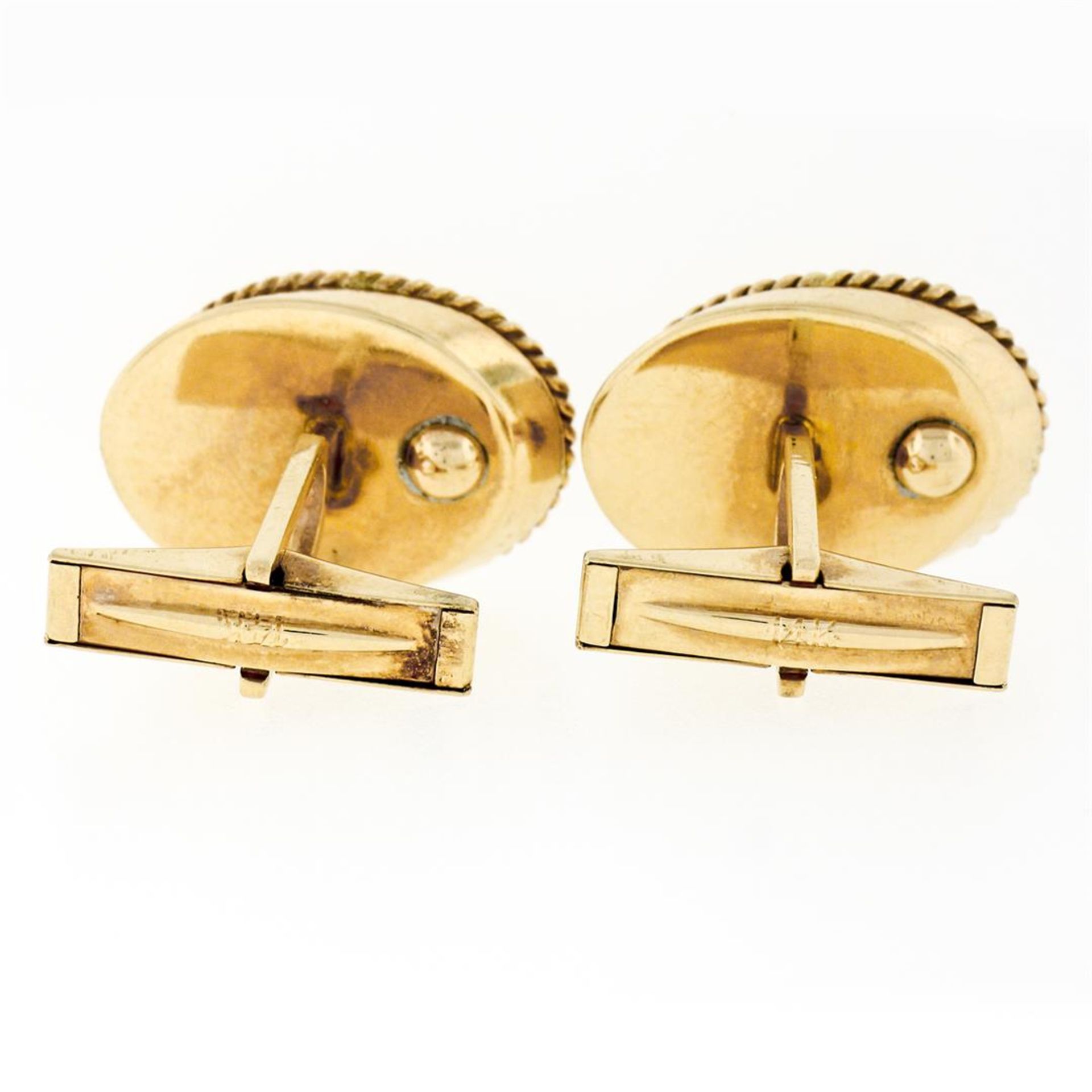 Vintage Men's 14K Yellow Gold Jade Disc Oval Florentine Twisted Wire Cufflinks - Image 6 of 6