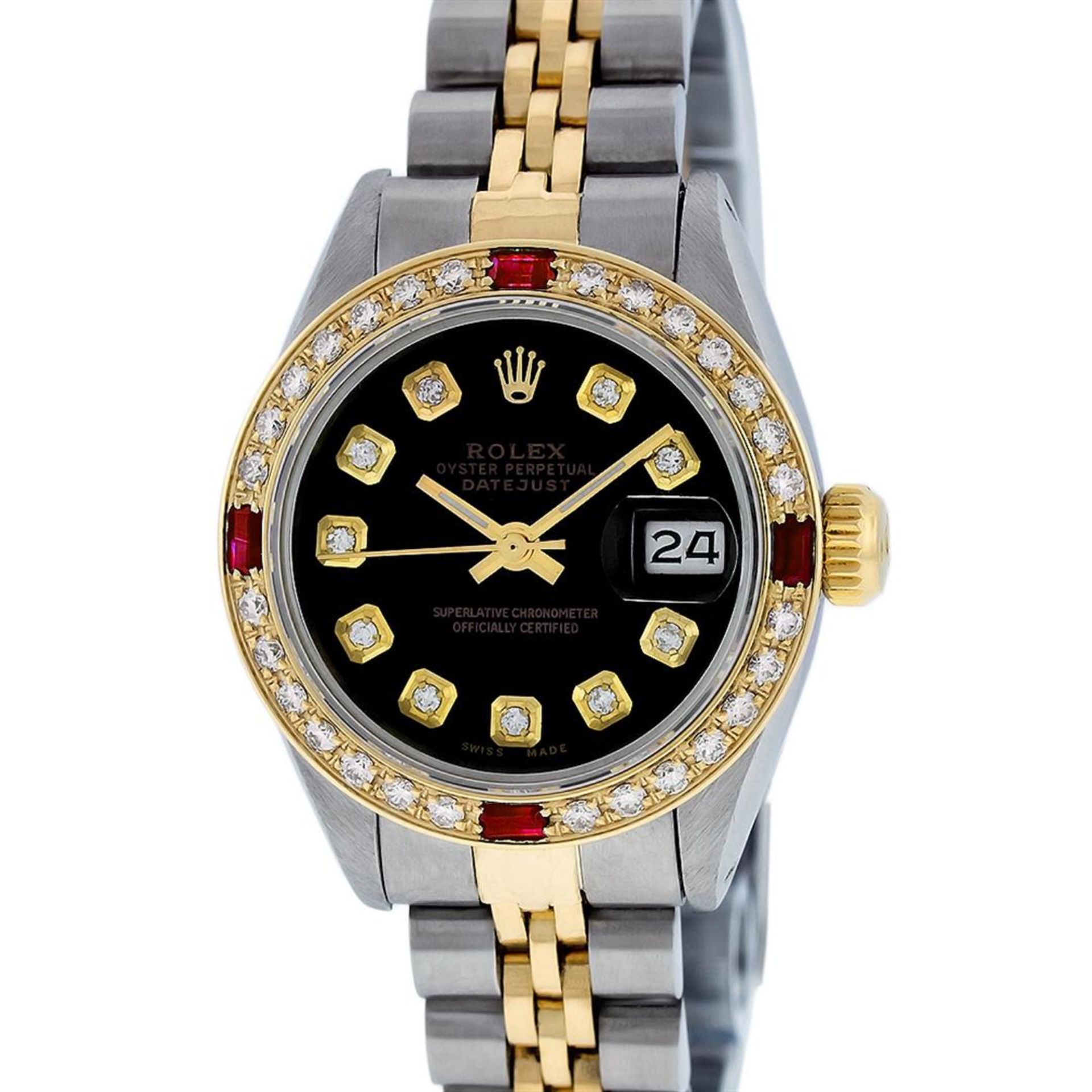Rolex Ladies 2 Tone Black Diamond & Ruby Datejust Wristwatch - Image 2 of 9