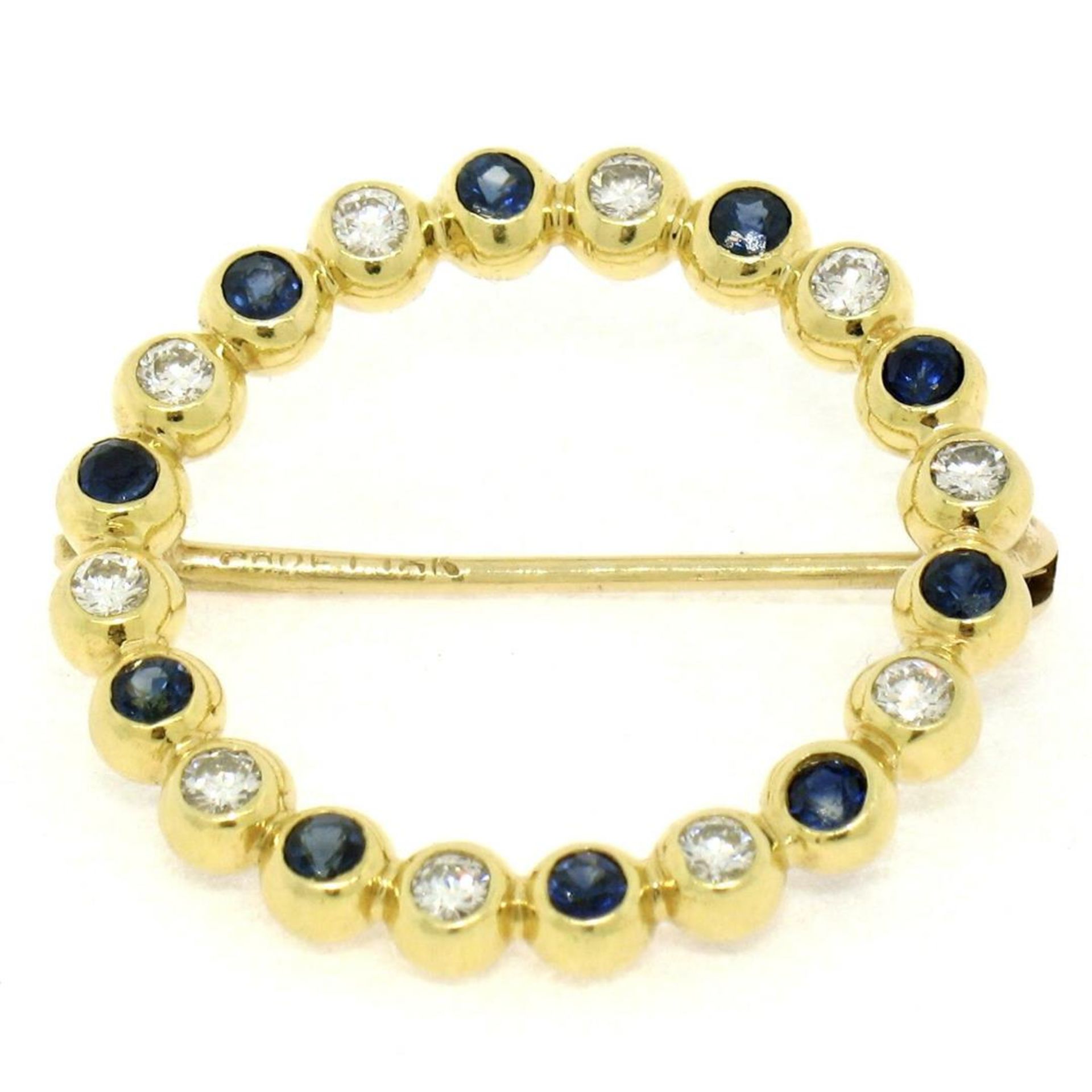 18k Yellow Gold .70 ctw Bezel Round Sapphire & Diamond Circle of Life Pin Brooch - Image 5 of 9