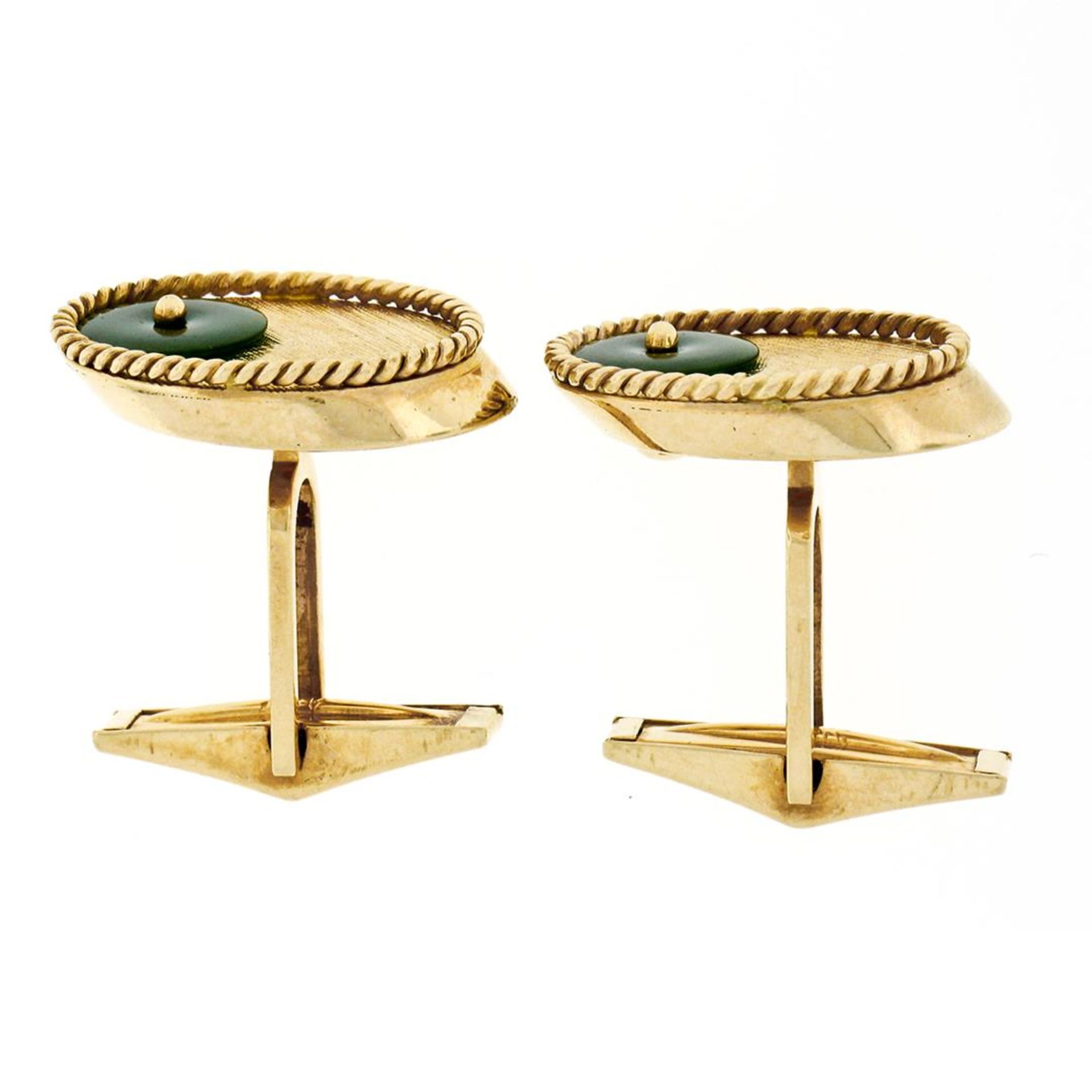 Vintage Men's 14K Yellow Gold Jade Disc Oval Florentine Twisted Wire Cufflinks - Image 3 of 6